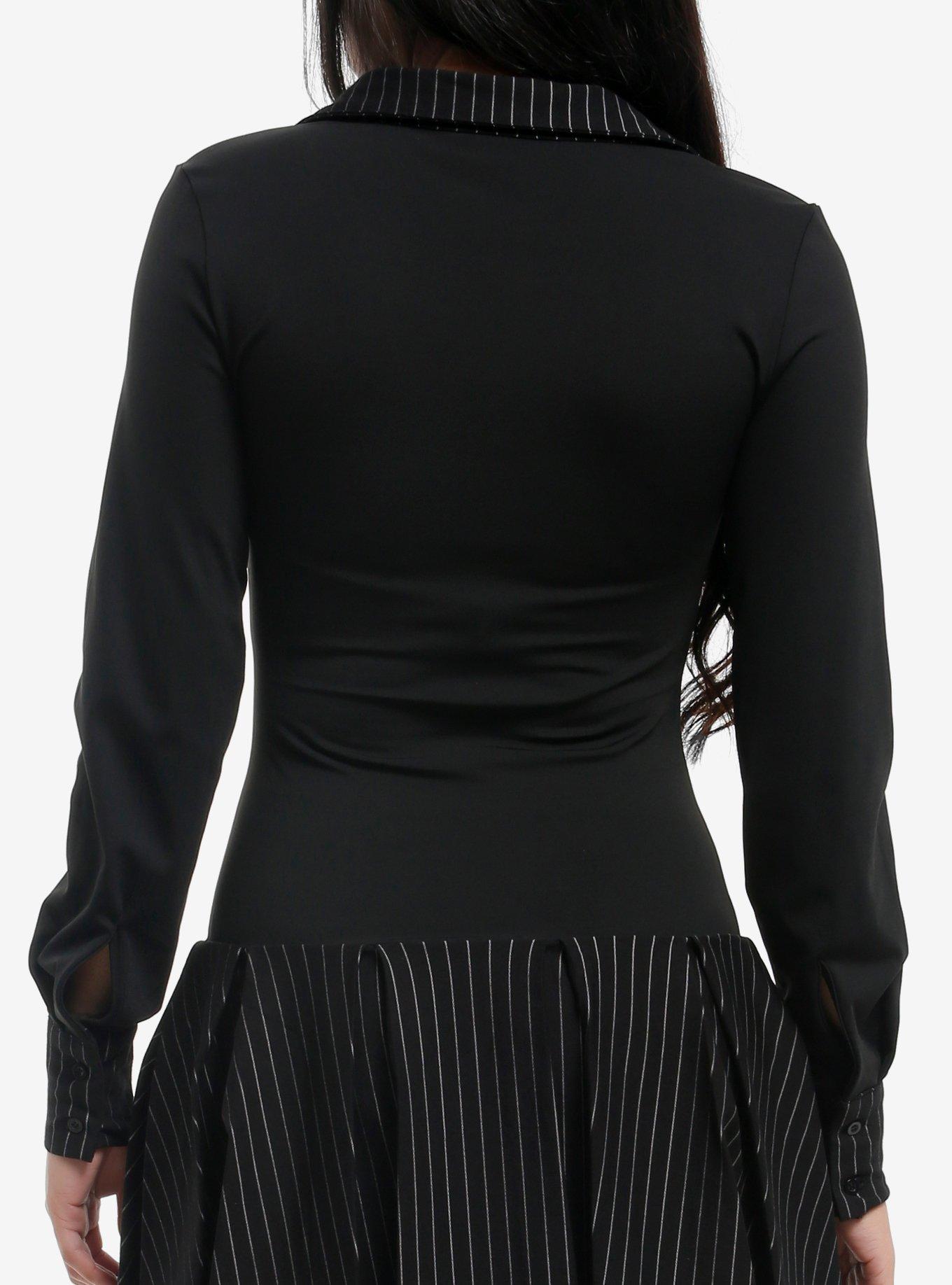 Skull & Crossbones Pinstripe Collared Long-Sleeve Dress, BLACK, alternate