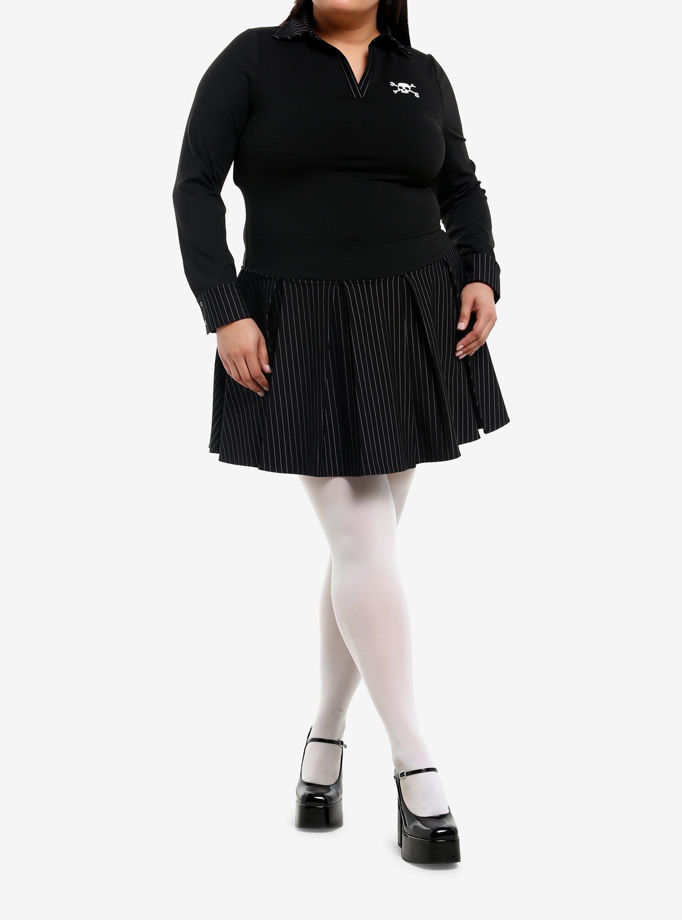 Skull & Crossbones Pinstripe Collared Long-Sleeve Dress Plus Size, , hi-res