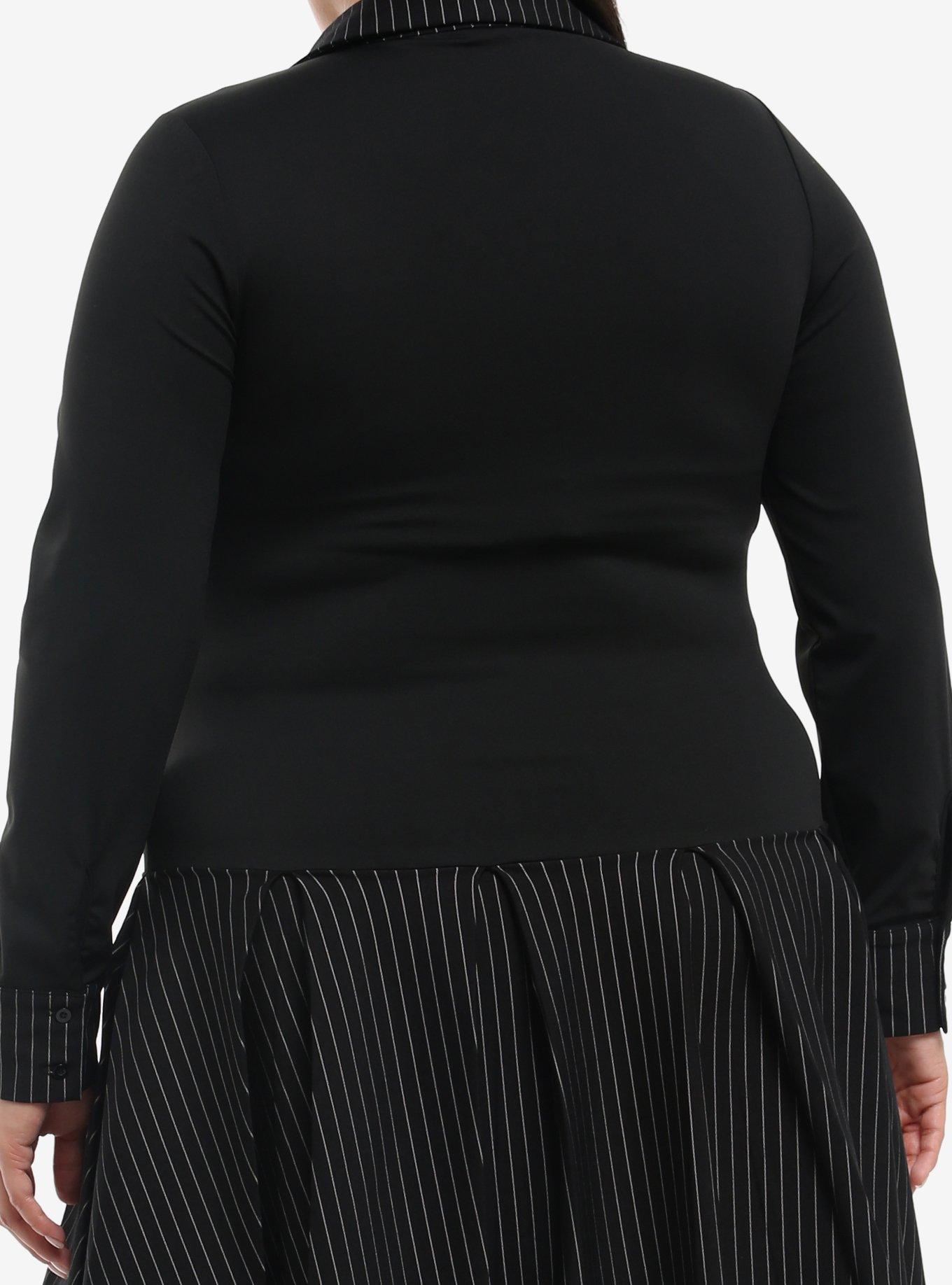 Skull & Crossbones Pinstripe Collared Long-Sleeve Dress Plus Size, BLACK, alternate