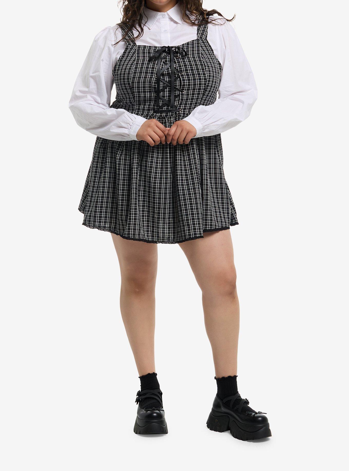 Black Plaid & White Woven Twofer Dress Plus Size, , hi-res