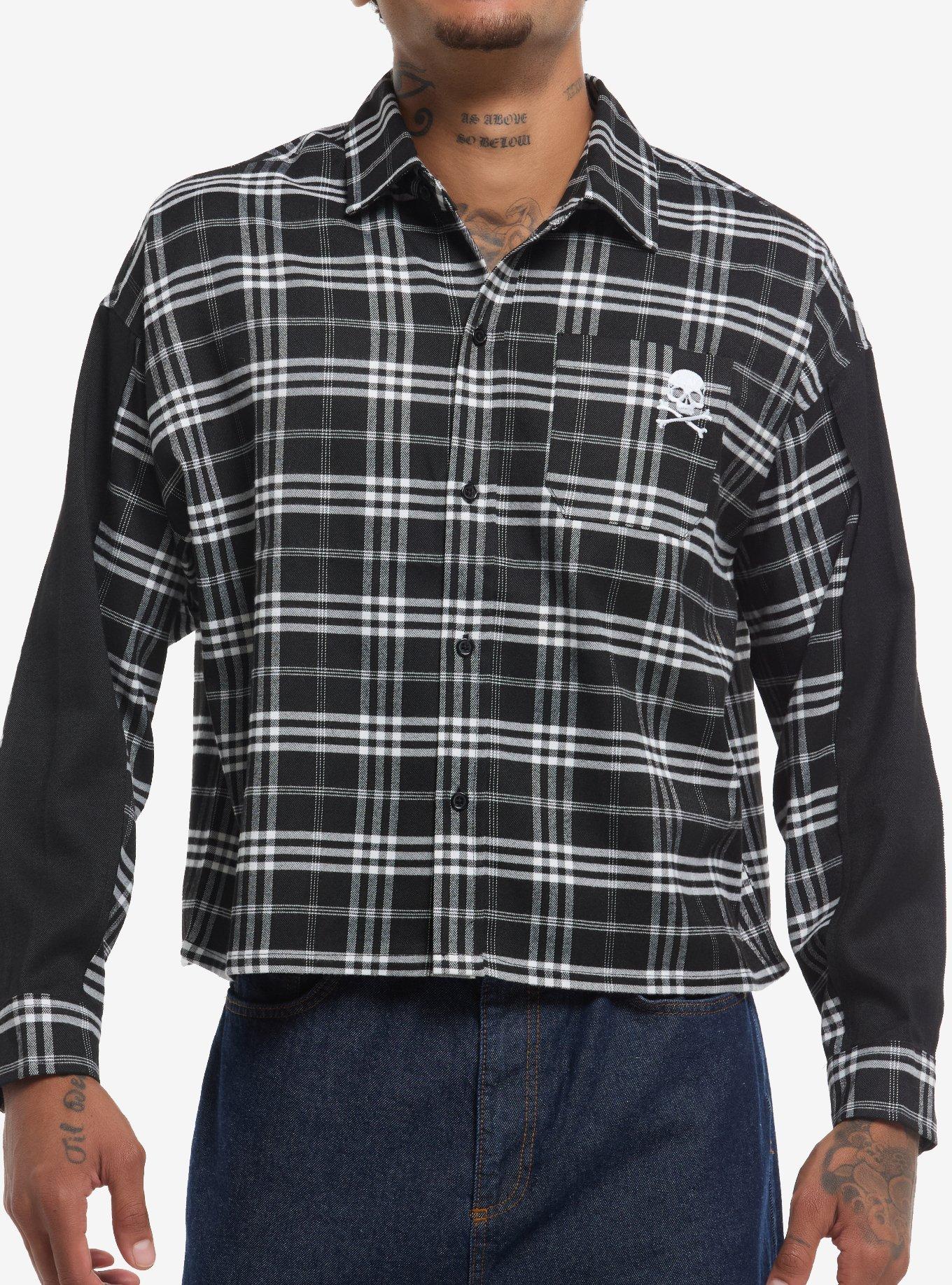 Black & White Plaid Rib Cage Long-Sleeve Woven Button-Up, , hi-res