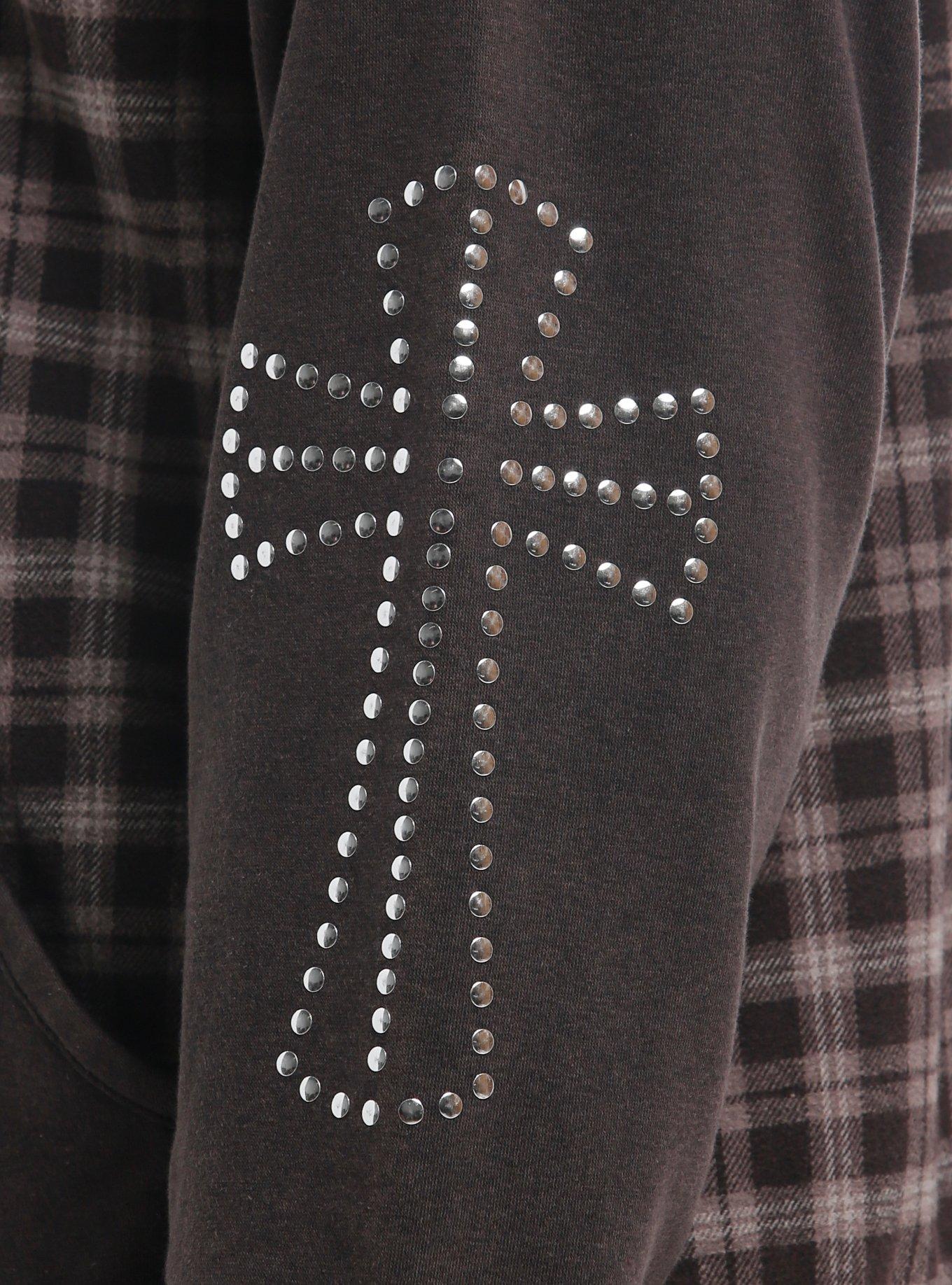 Brown Plaid Cross Stud Hoodie, GREY, alternate