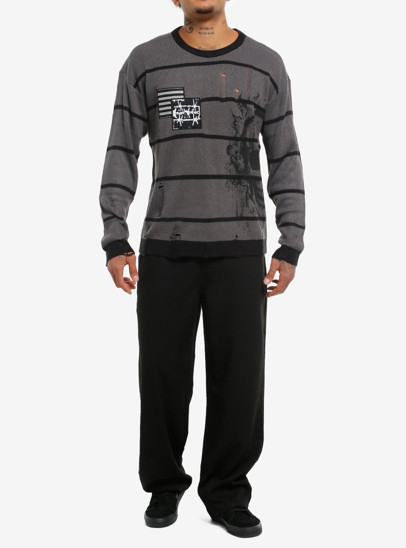 Skull & Rib Cage Grey & Black Stripe Sweater, GREY, alternate