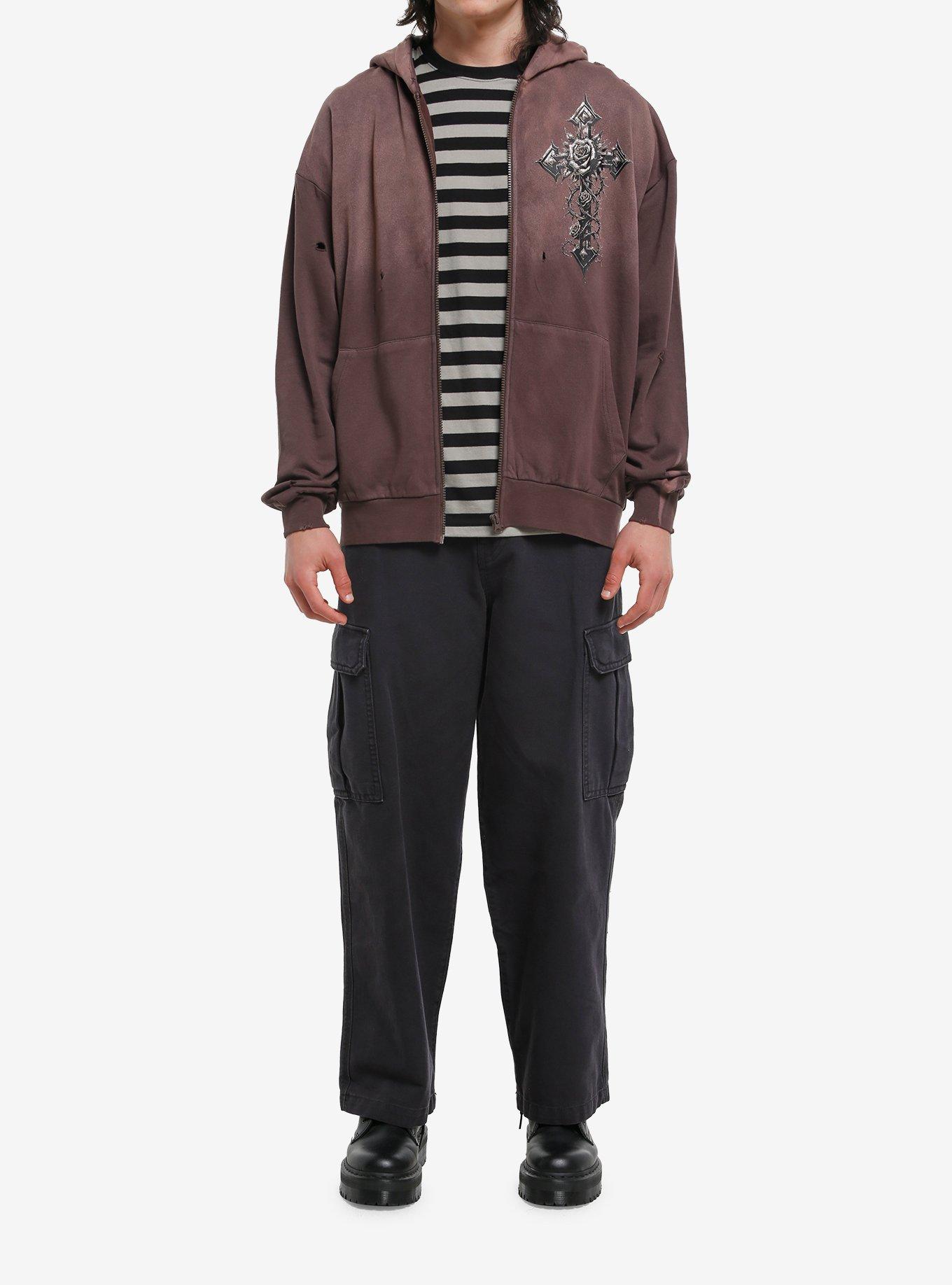 Gothic Cross Destructed Brown Hoodie, MULTI, alternate