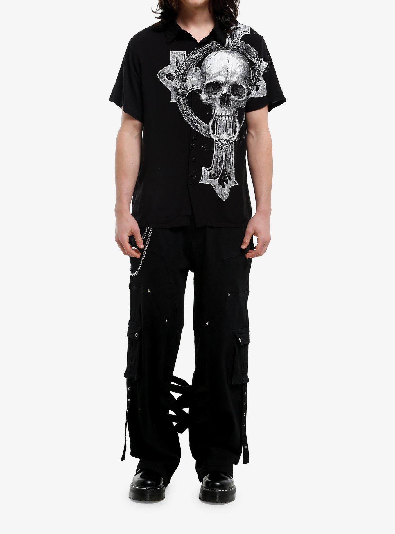 Black & White Cross Skull Woven Button-Up, , hi-res