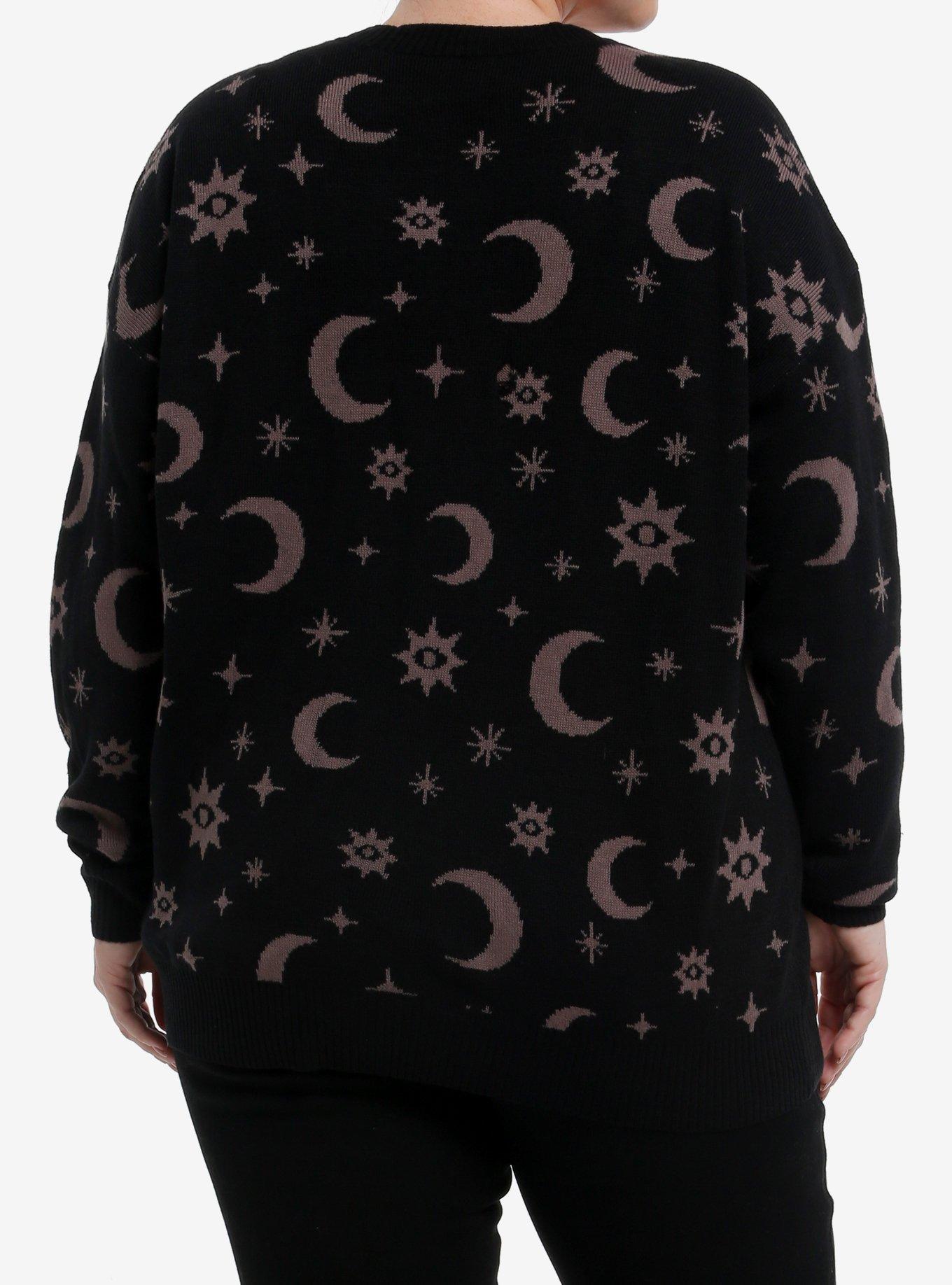 Cosmic Aura Crescent Moon Embroidered Pocket Girls Cardigan Plus Size, BROWN, alternate