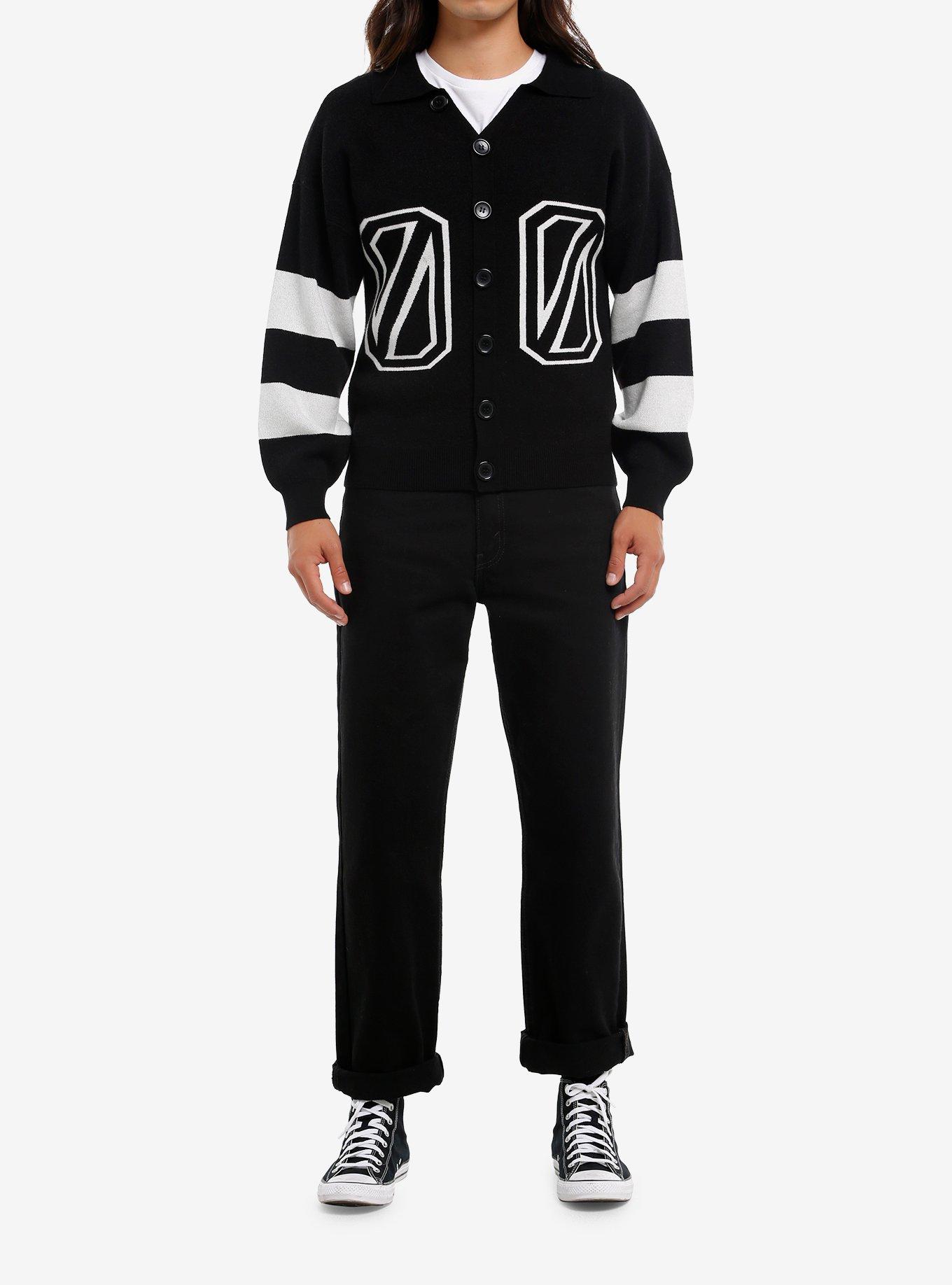 Black & White Stripe Varsity Collared Cardigan, , hi-res