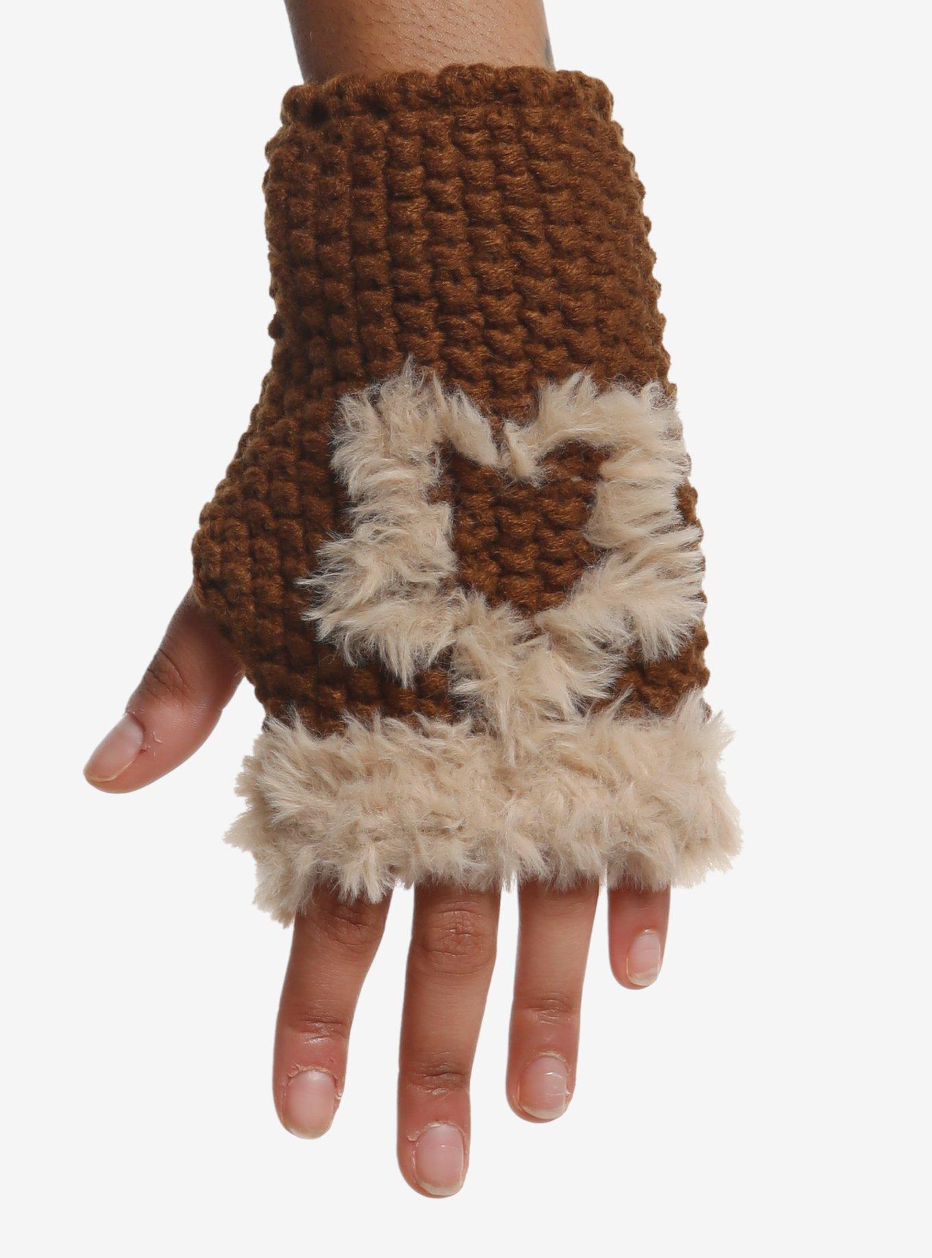 Brown Fur Star Knit Short Fingerless Gloves, , hi-res