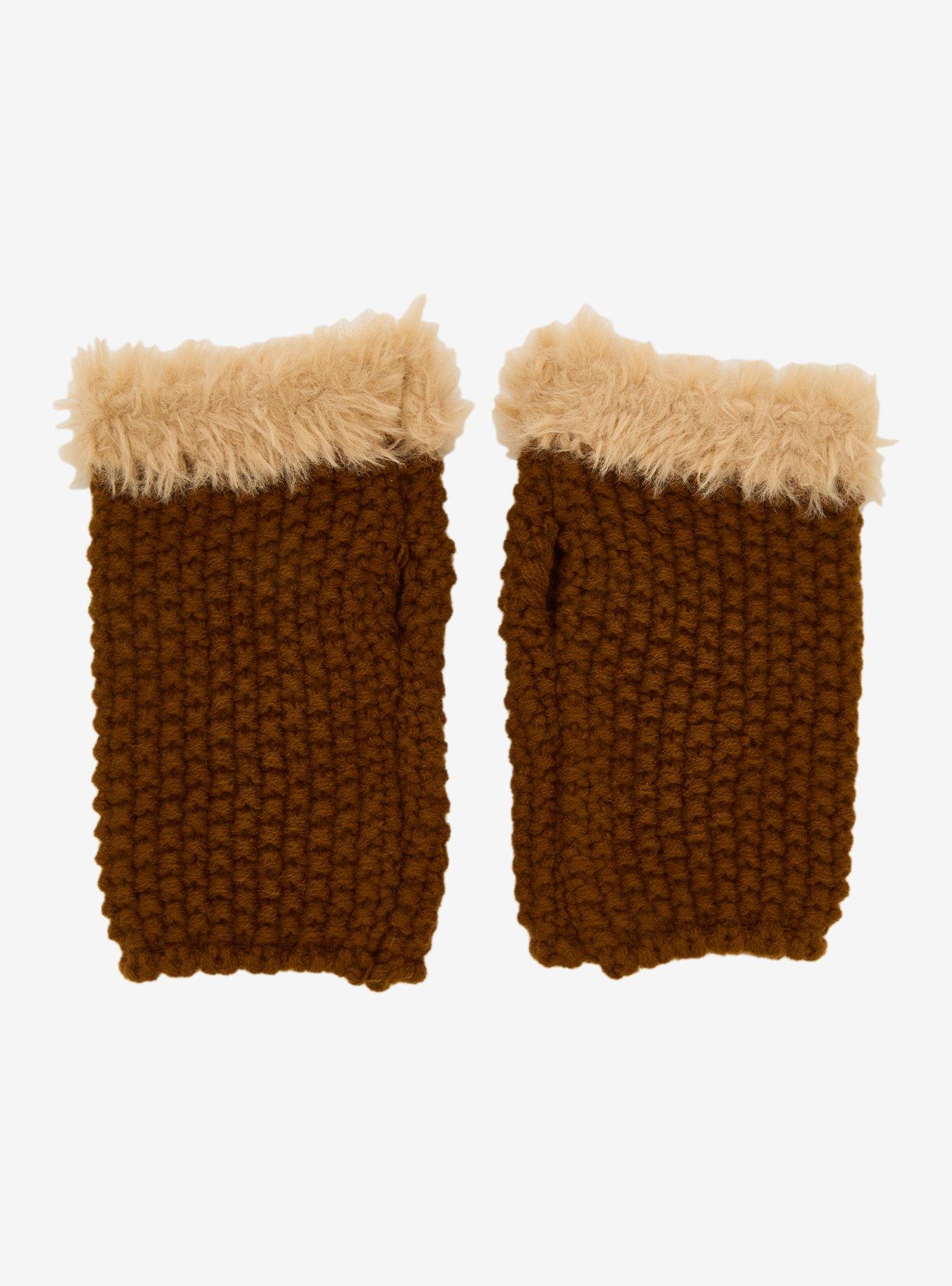 Brown Fur Star Knit Short Fingerless Gloves, , alternate