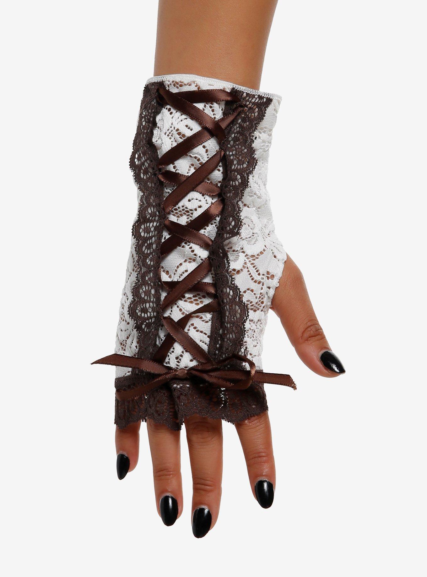 Brown & White Lace Fingerless Gloves, , hi-res