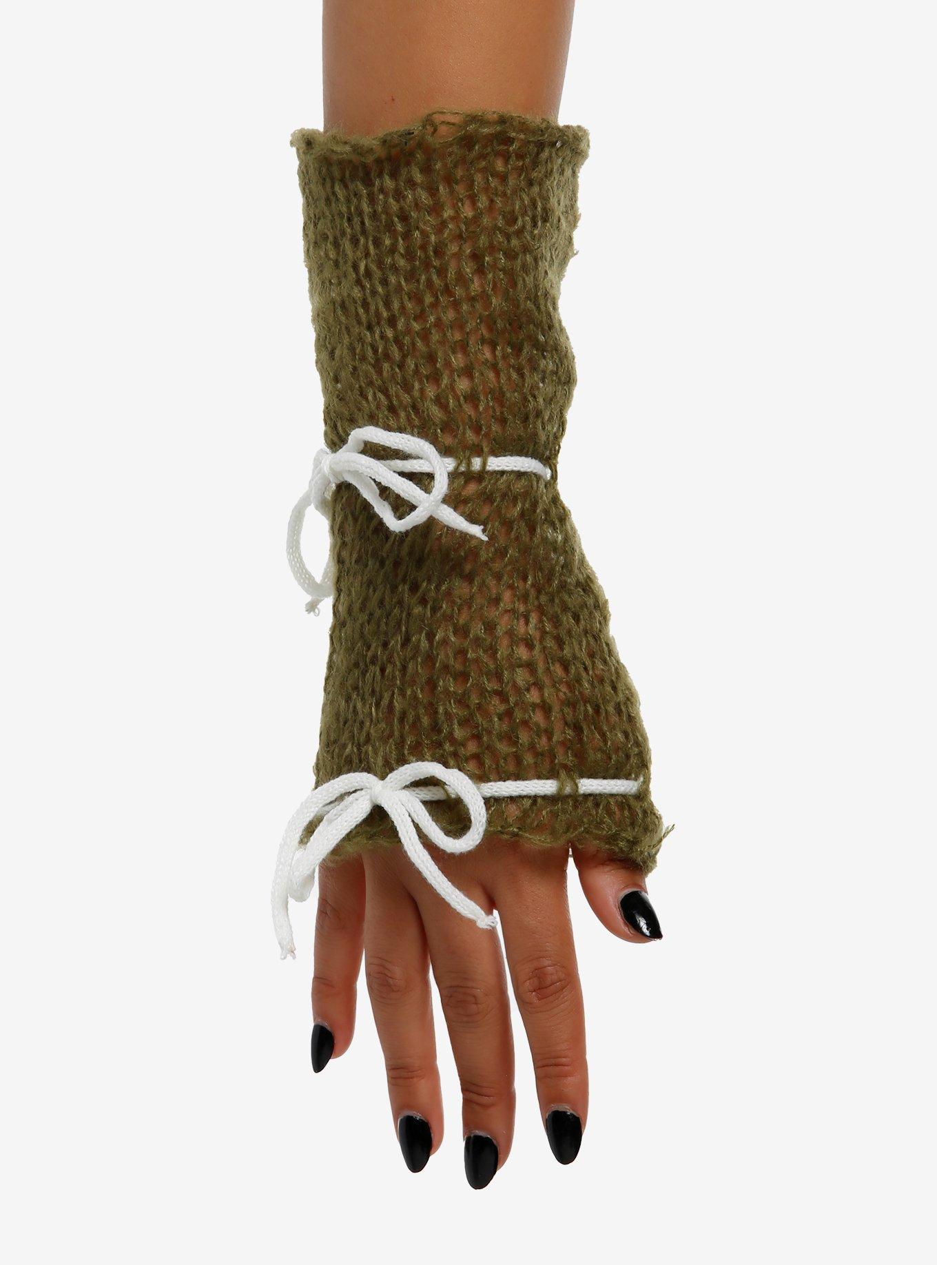 Green Faux Mohair Lace-Up Arm Warmers, , hi-res