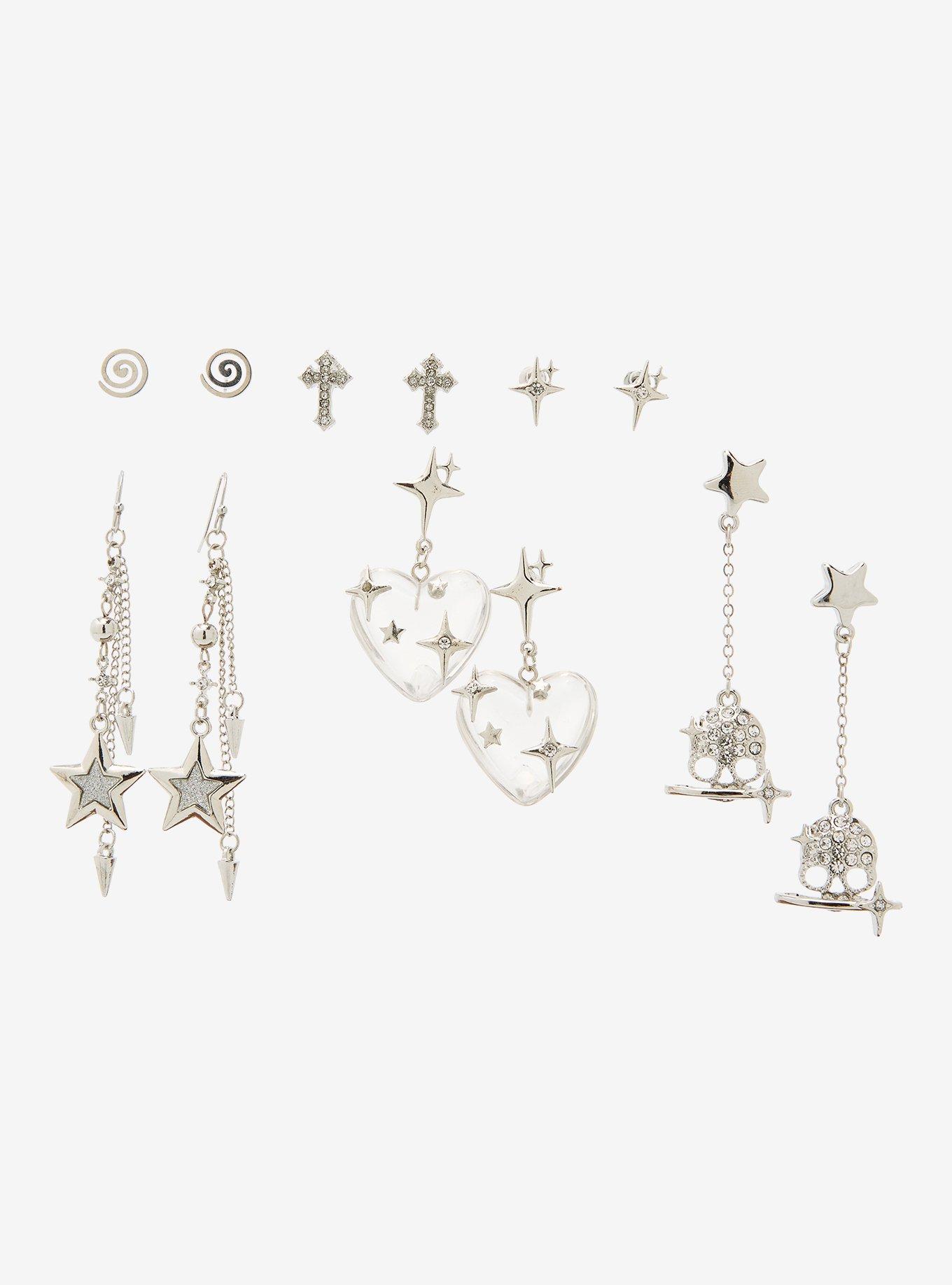 Bubble Heart Gem Skull Earring Set, , hi-res