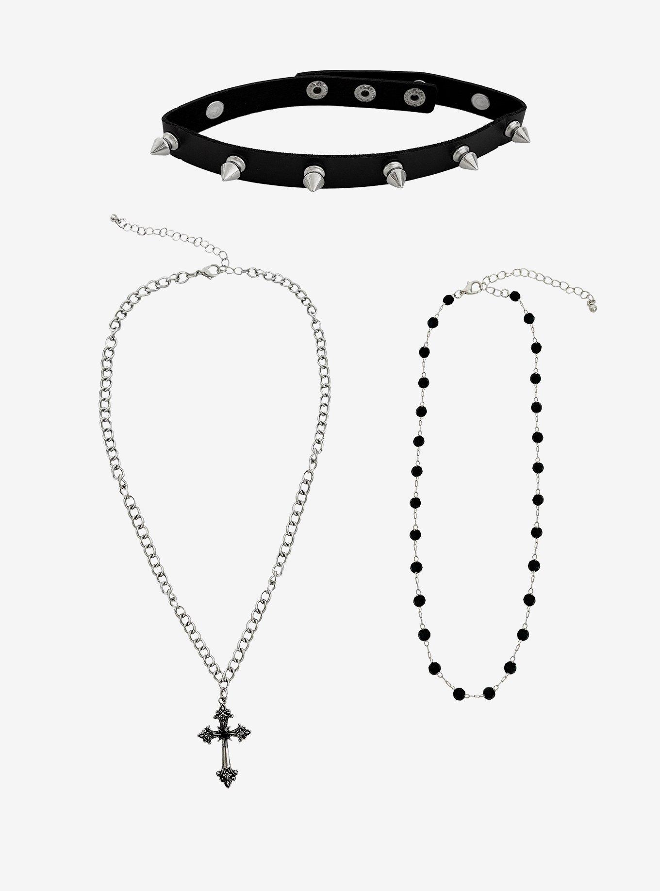 Goth Cross Black Bead Spiky Choker Necklace Set, , hi-res