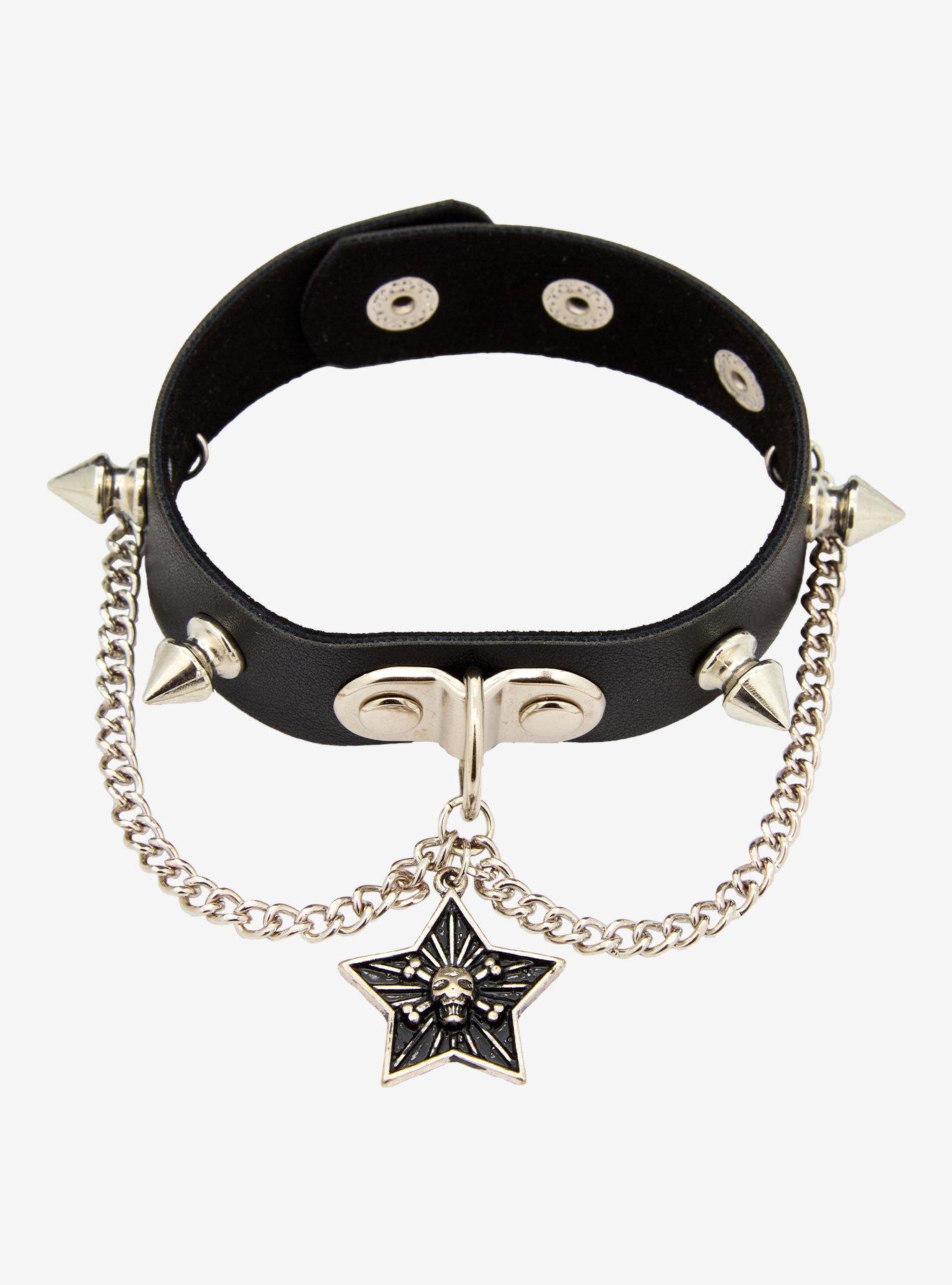 Black & Silver Spike Star Draped Chain Cuff Bracelet, , hi-res