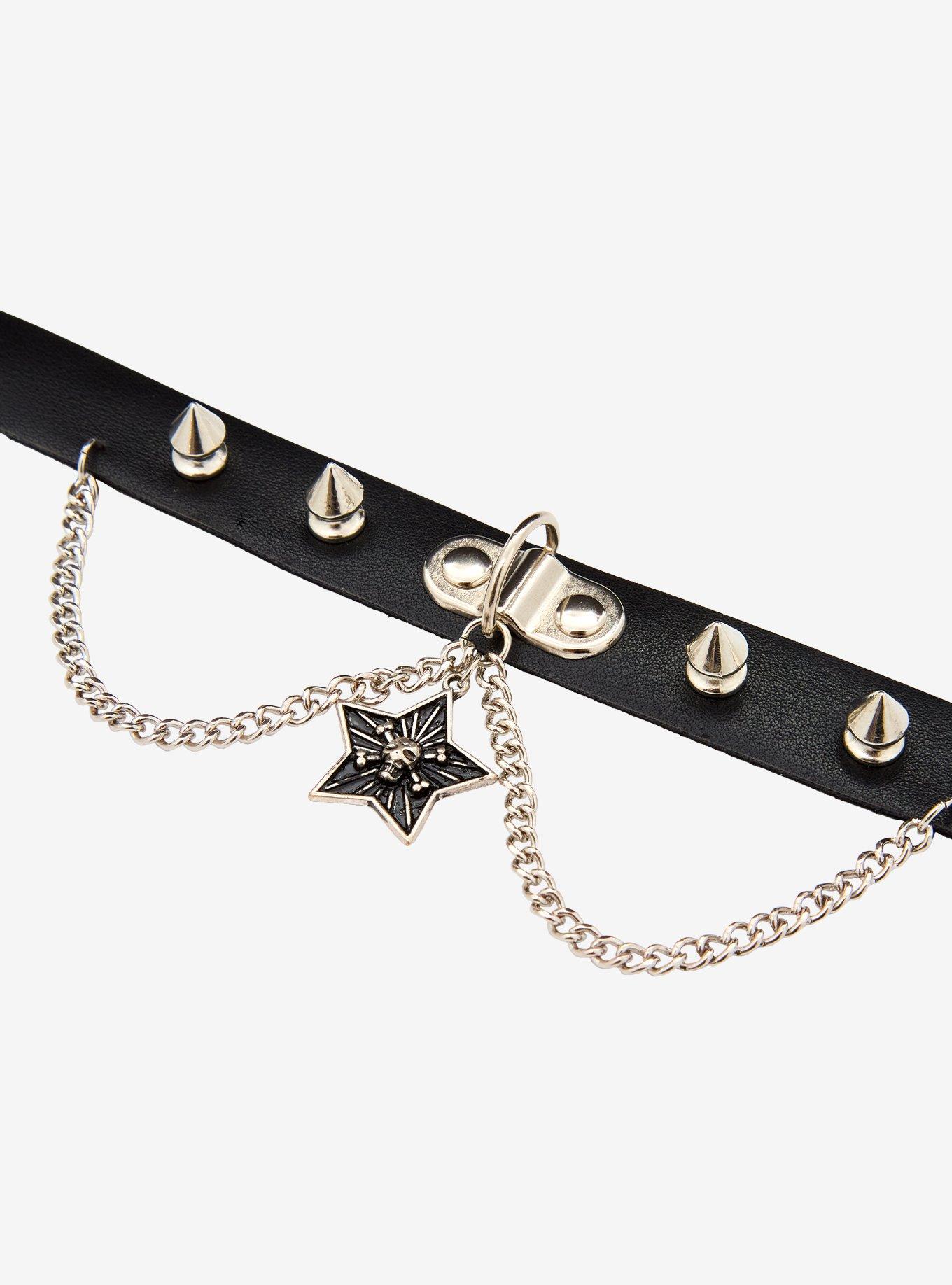 Black & Silver Spike Star Draped Chain Cuff Bracelet, , alternate