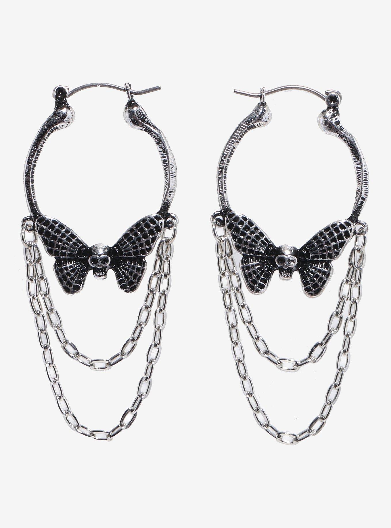 Cosmic Aura Skull Moth Chain Hoop Earrings, , hi-res