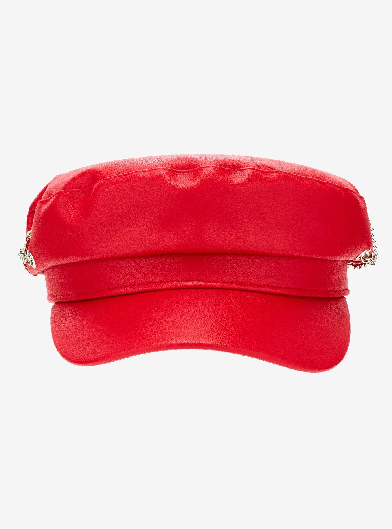 Red Faux Leather & Chain Cabbie Hat, , hi-res