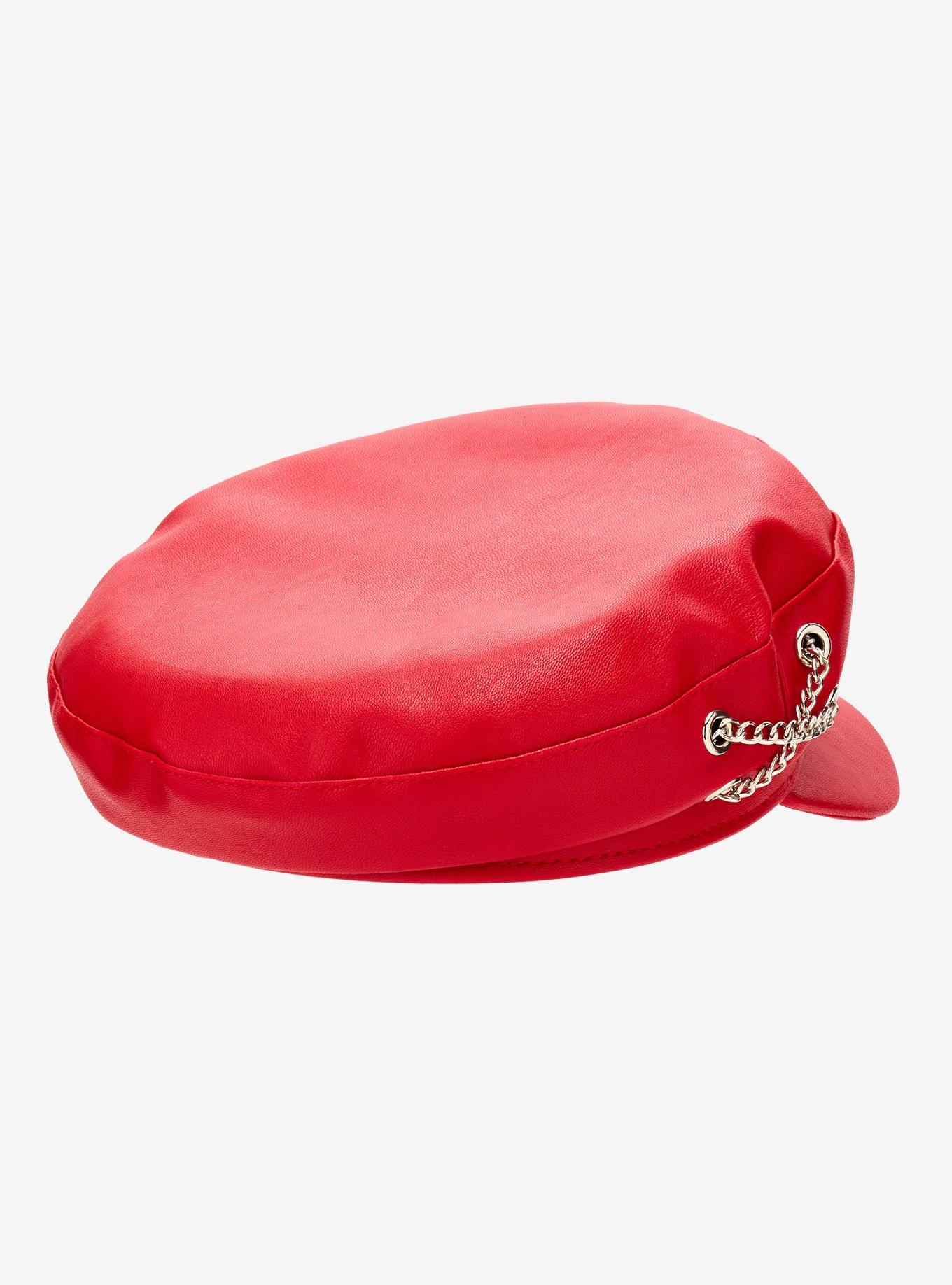 Red Faux Leather & Chain Cabbie Hat, , alternate