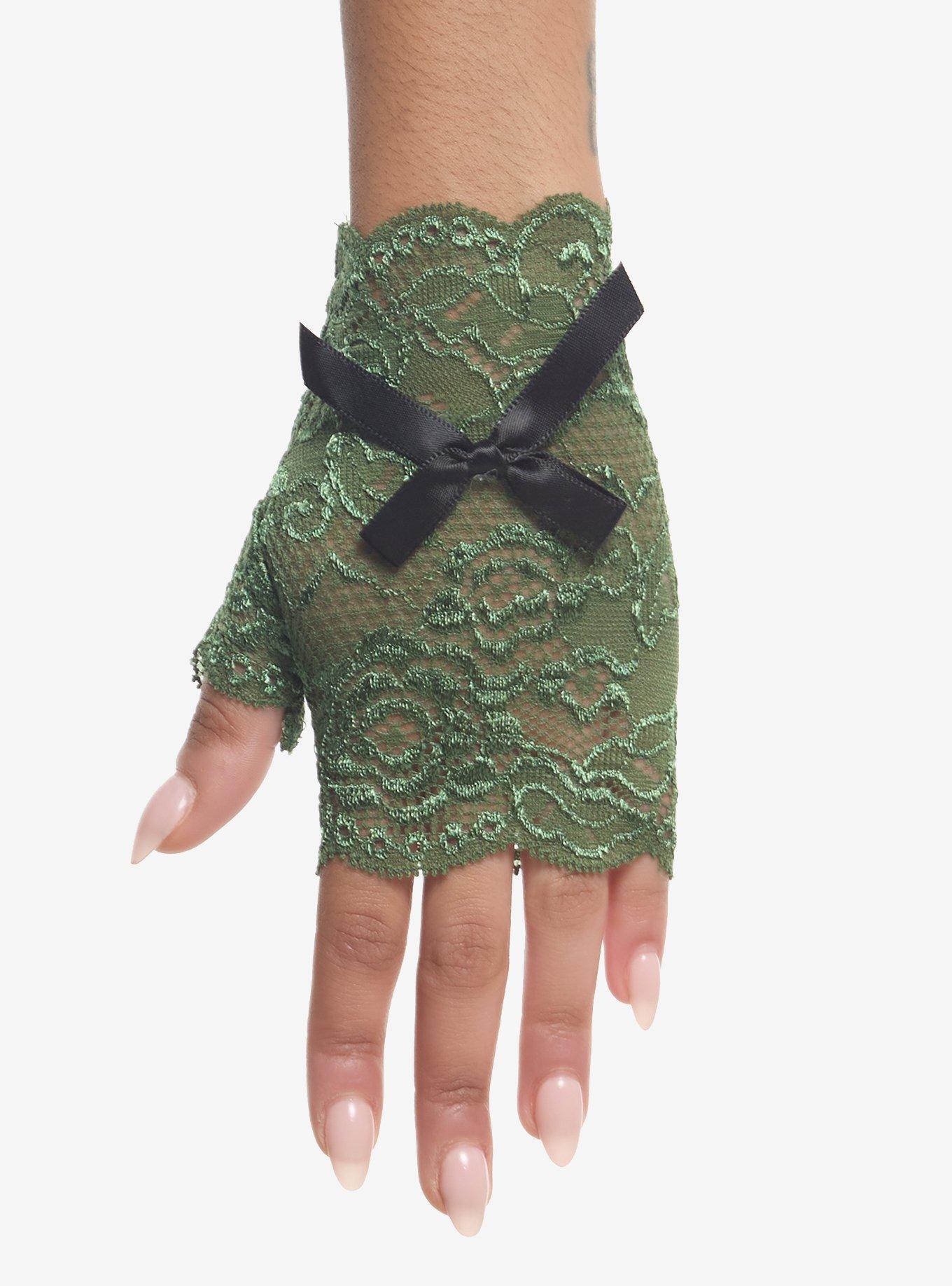Green Lace Black Ribbon Short Fingerless Gloves, , hi-res
