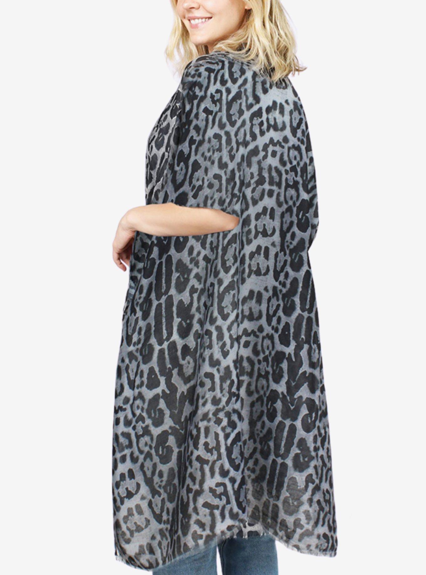 Gray Leopard Print Swim Cover-Up Kimono, , hi-res
