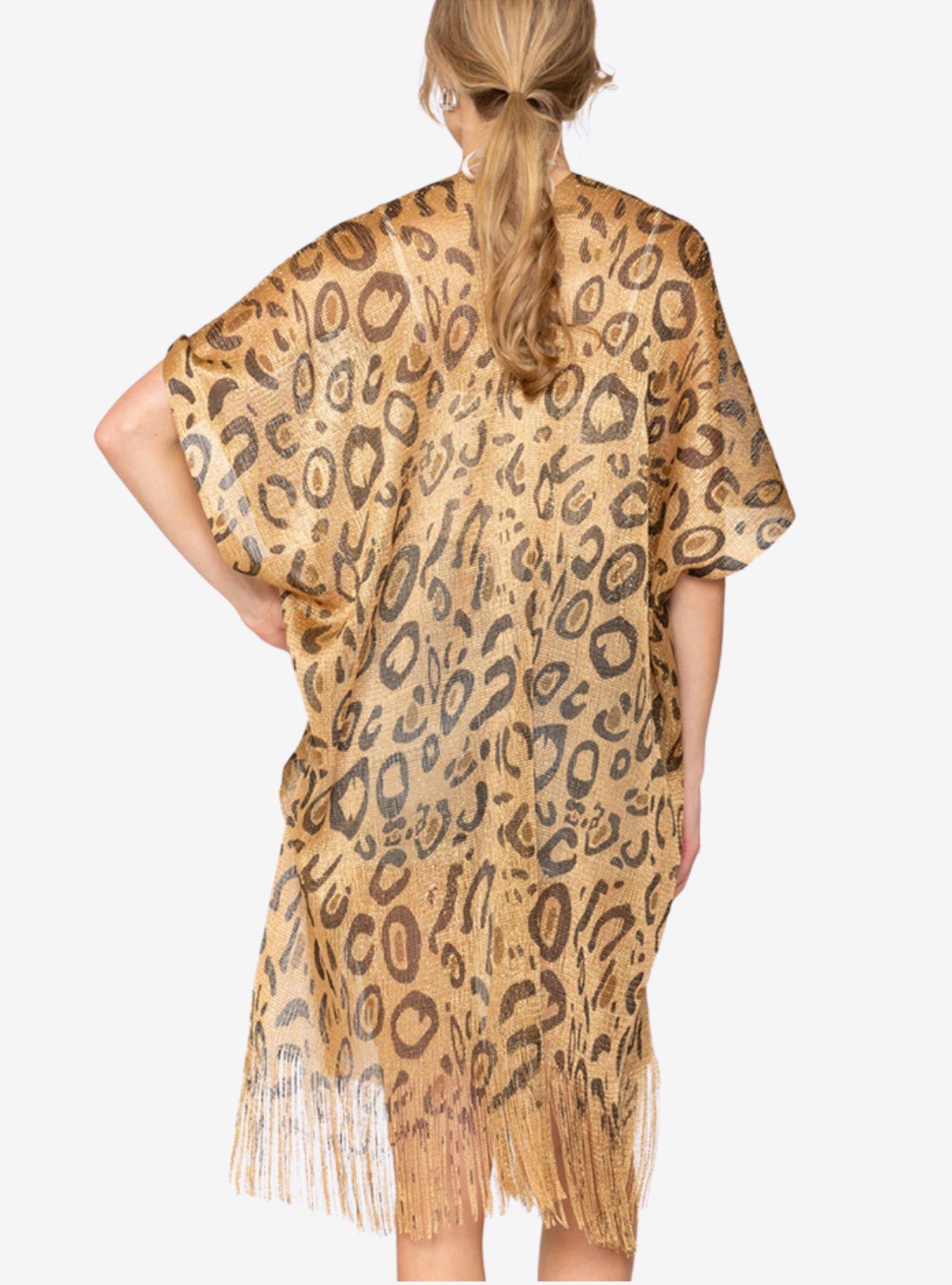 Leopard Print Fringe Swim Cover-Up Kimono, , alternate