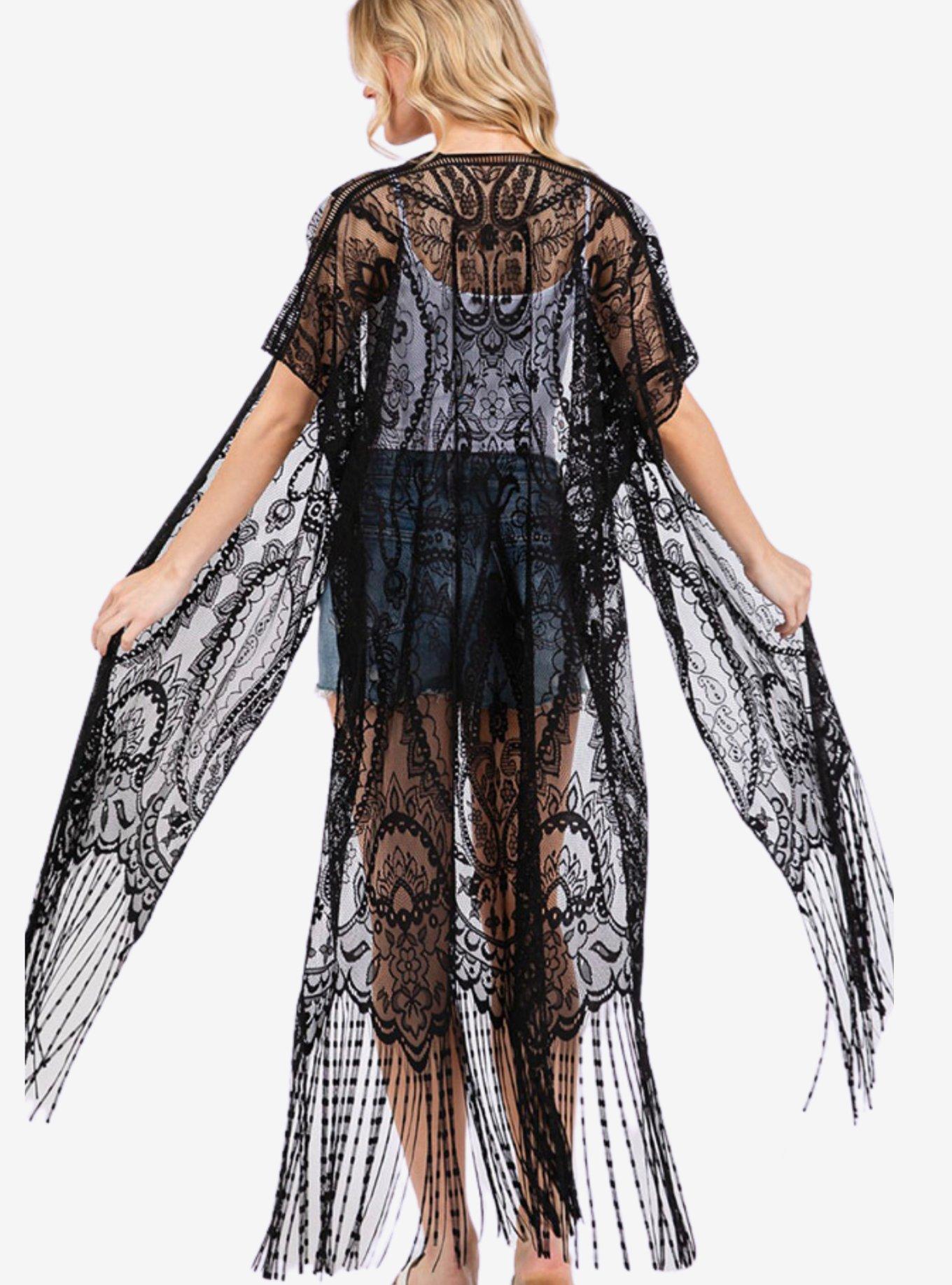 Black Lace With Fringe Sheer Swim Cover-Up Kimono, , hi-res