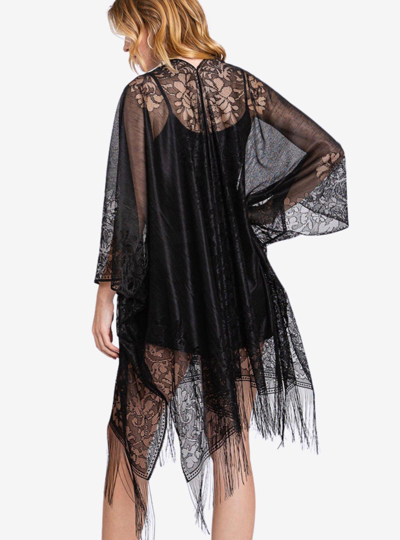 Black Lace With Fringe Swim Cover-Up Kimono, , hi-res