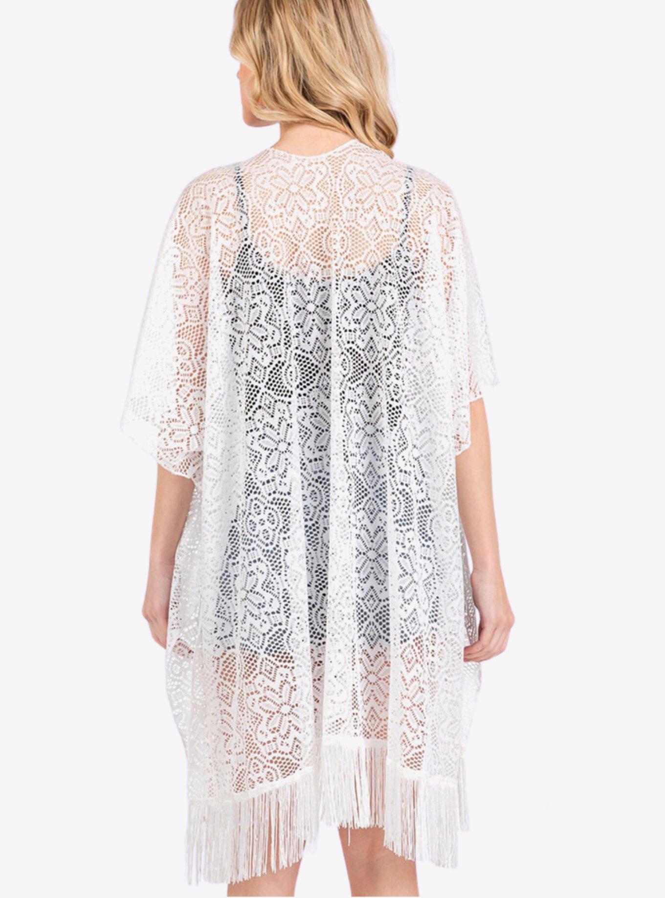 White Lace With Fringe Swim Cover-Up Kimono, , hi-res