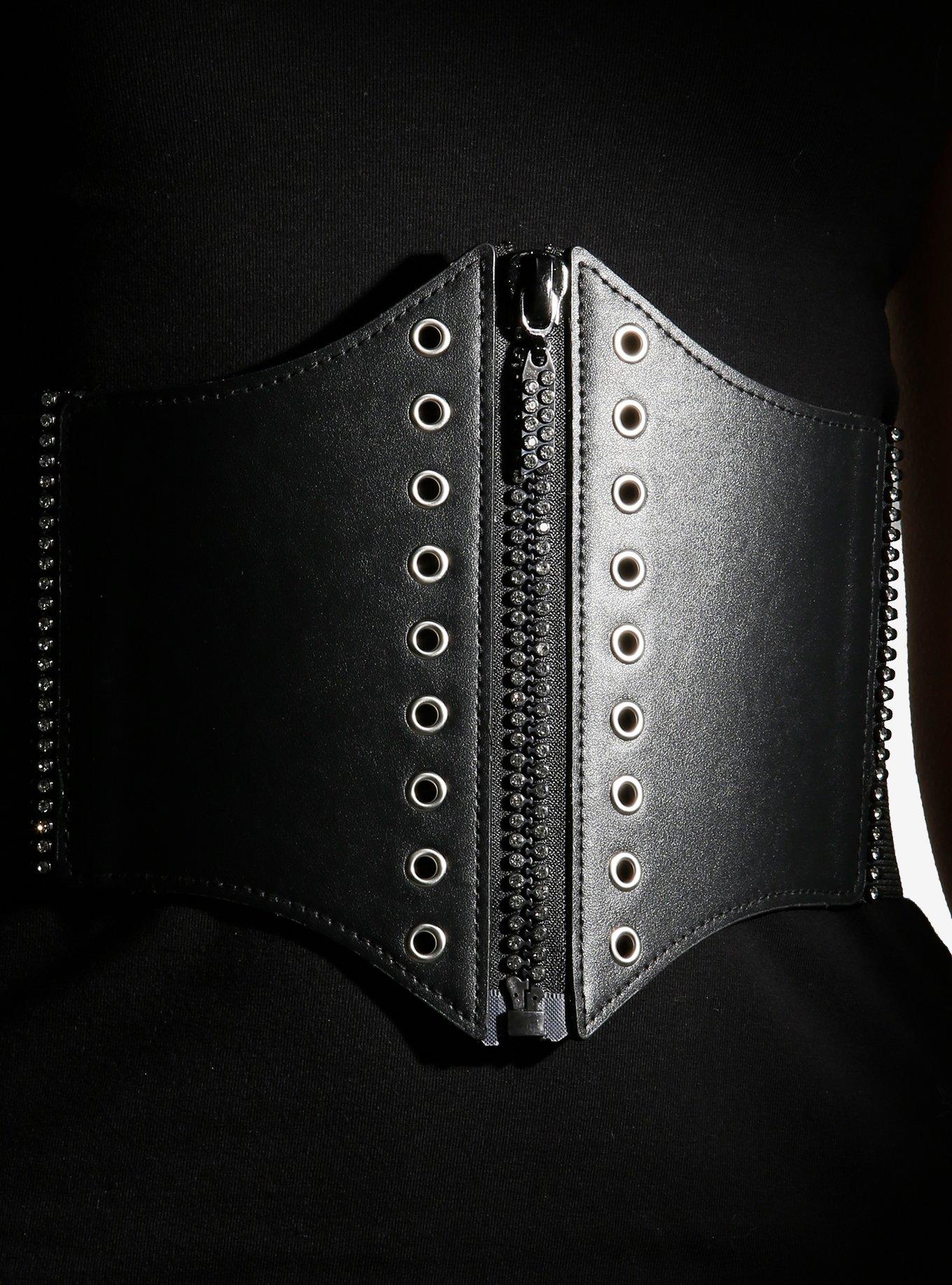 Black Grommet Bling Zipper Corset Belt, , hi-res