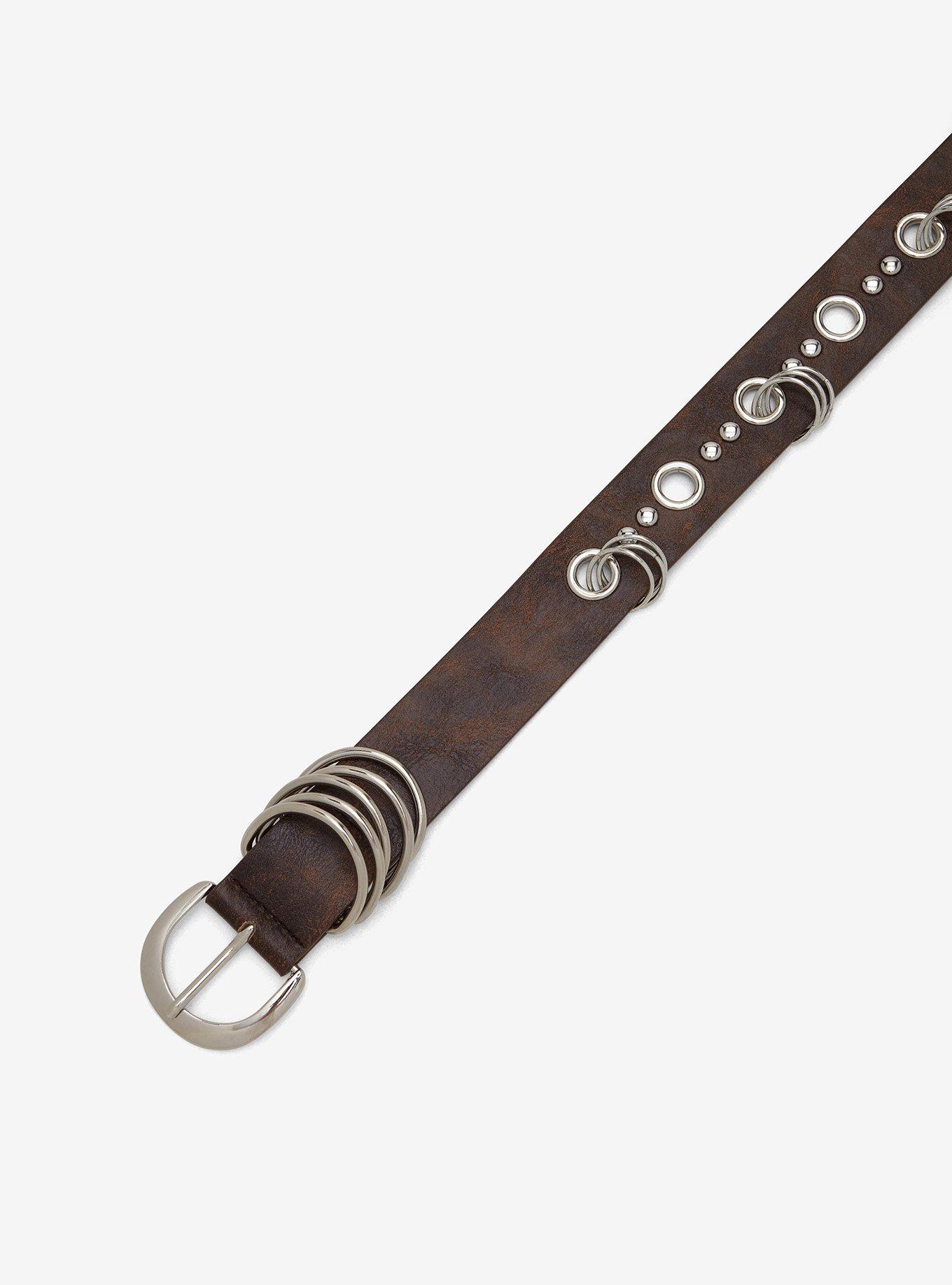 Brown & Silver Grommet O-Ring Belt, , hi-res