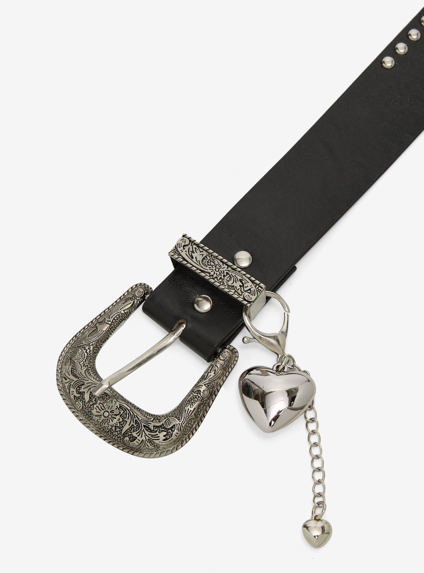 Black & Silver Stud Heart Charm Western Belt, , hi-res