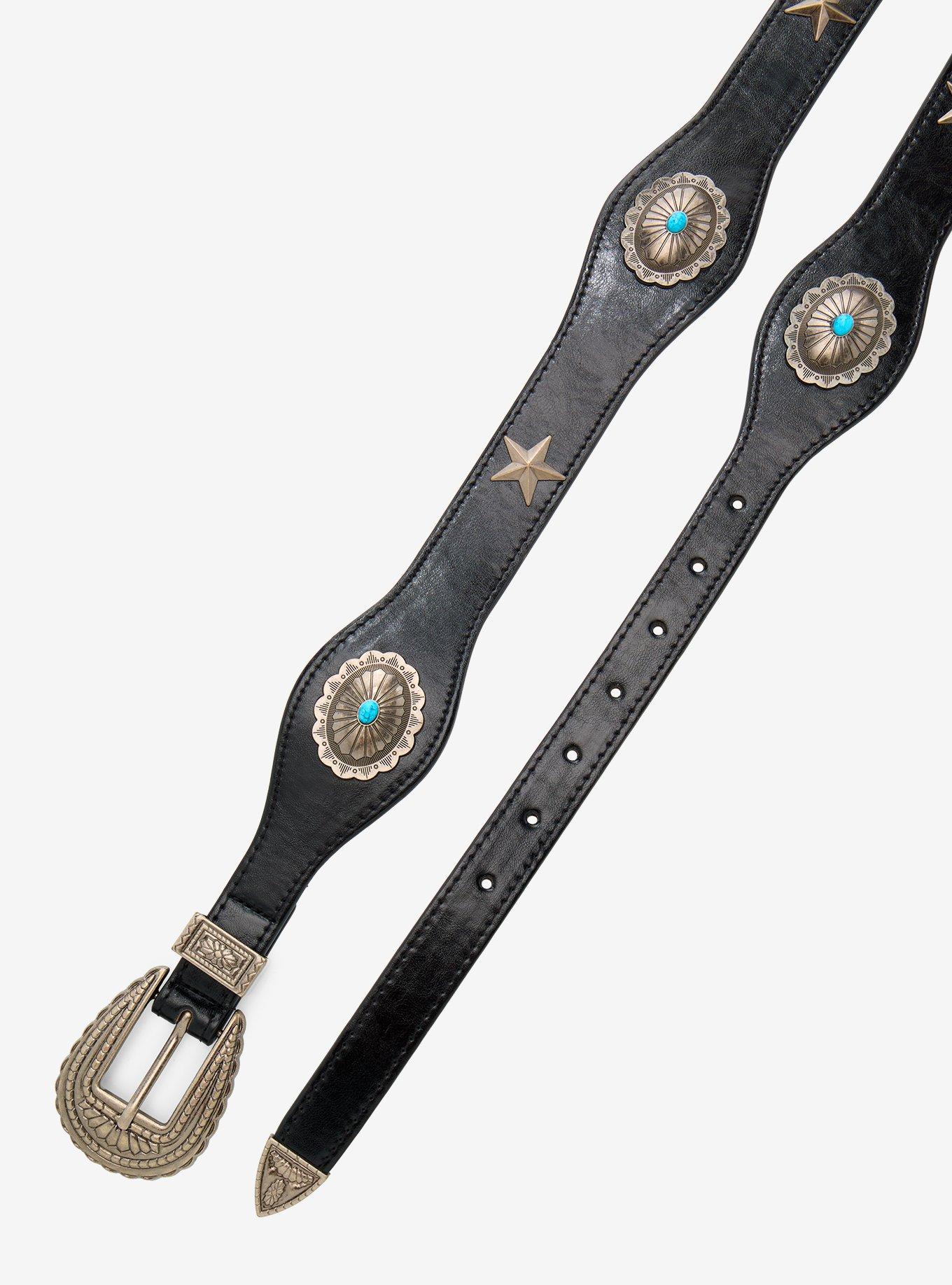 Black & Silver Turquoise Star Western Belt, , hi-res