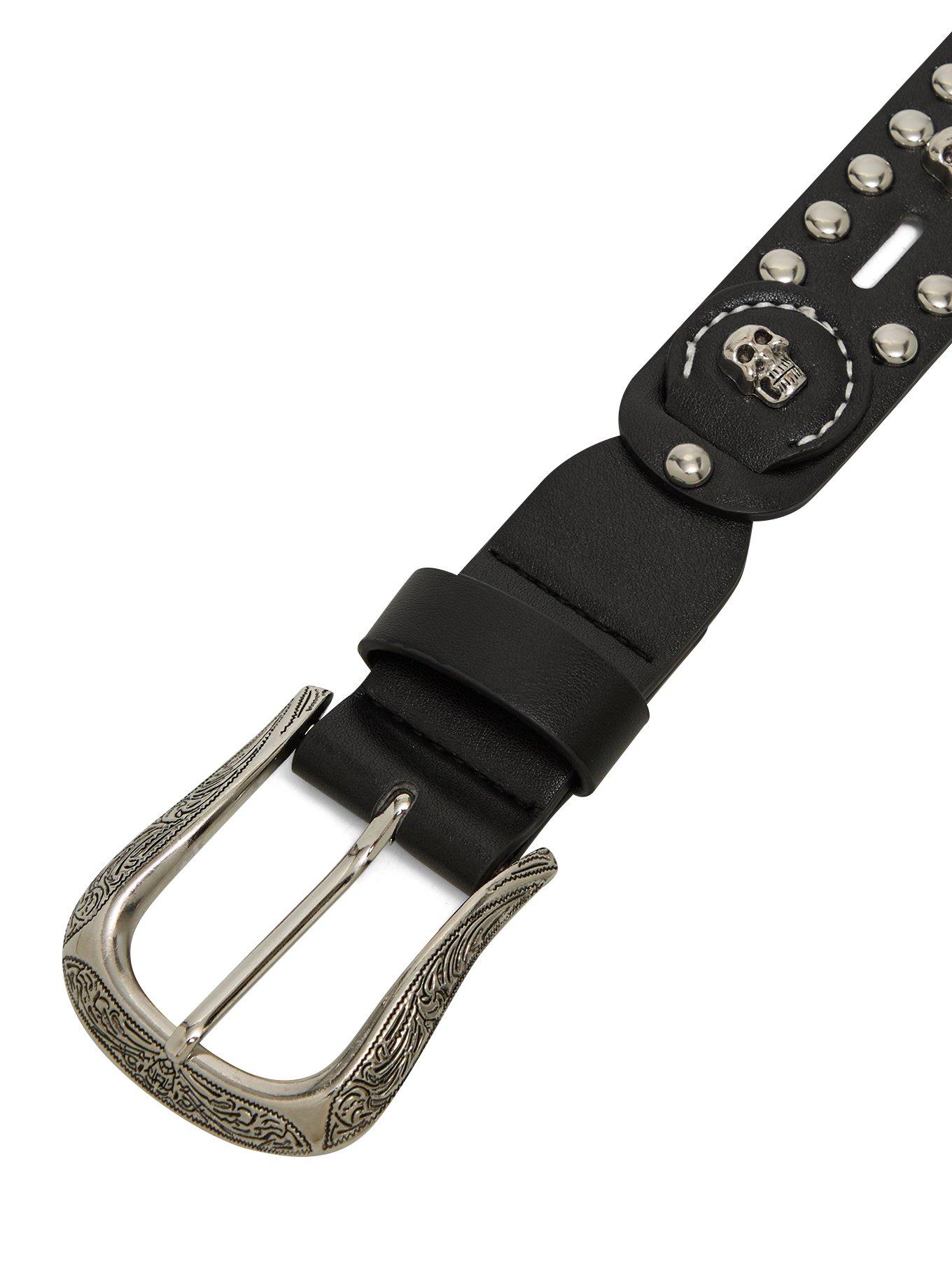 Black & Silver Stud Skull Western Belt, , hi-res