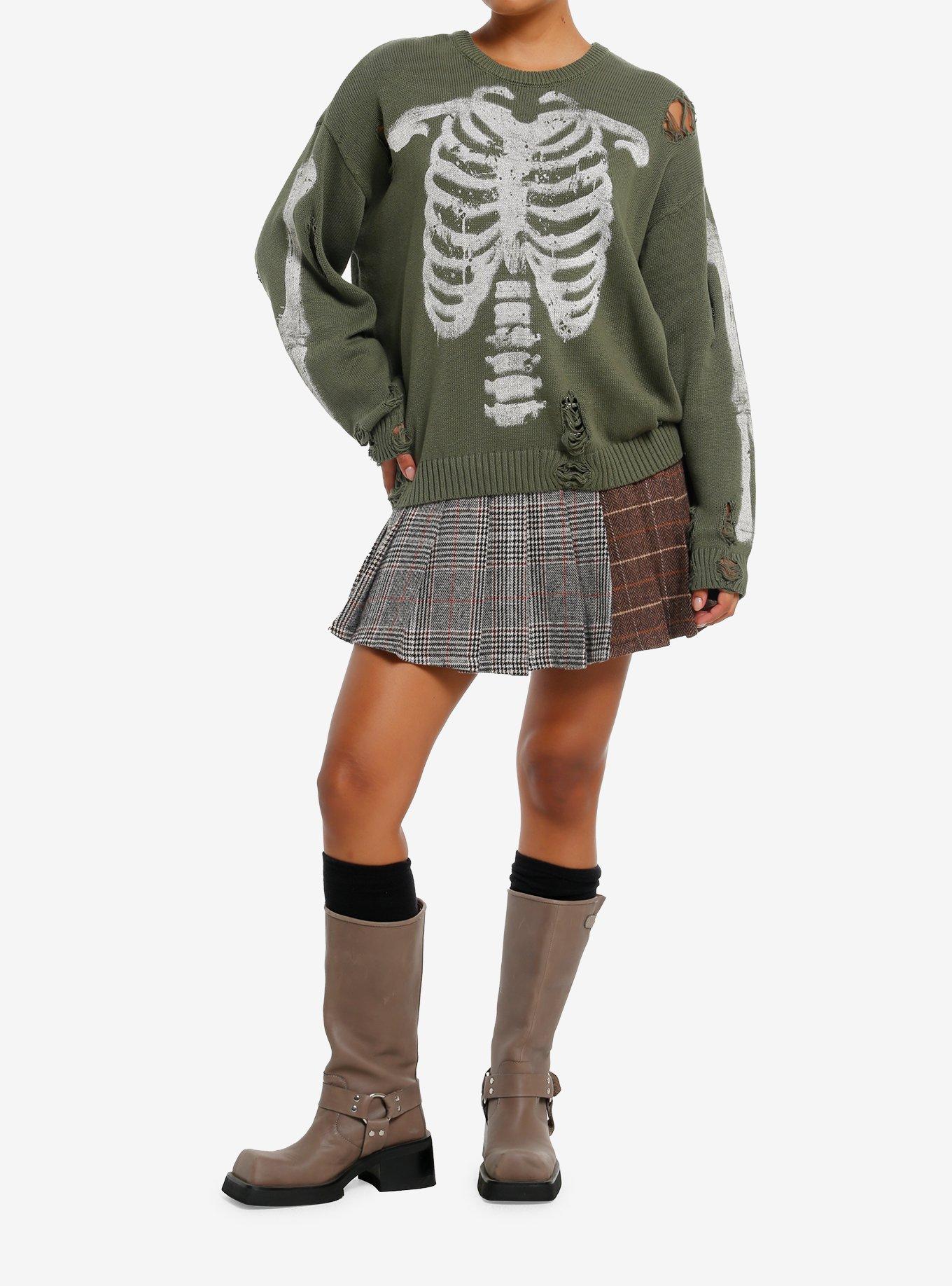 Social Collision Green Rib Cage Destructed Girls Sweater, , hi-res