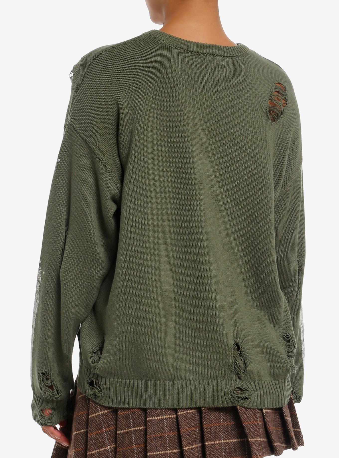 Social Collision Green Rib Cage Destructed Girls Sweater, IVORY, alternate