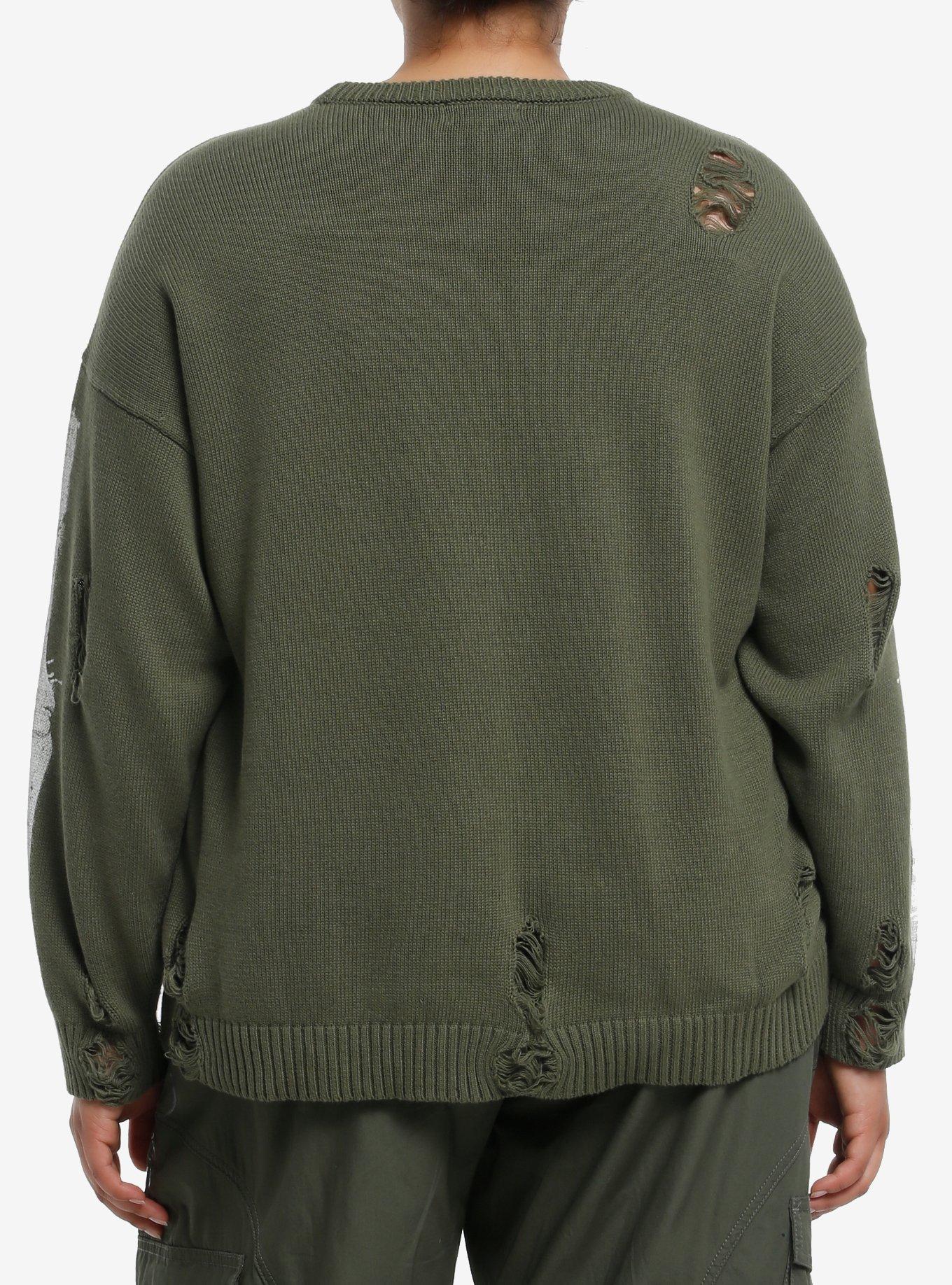 Social Collision Green Rib Cage Destructed Girls Sweater Plus Size, IVORY, alternate