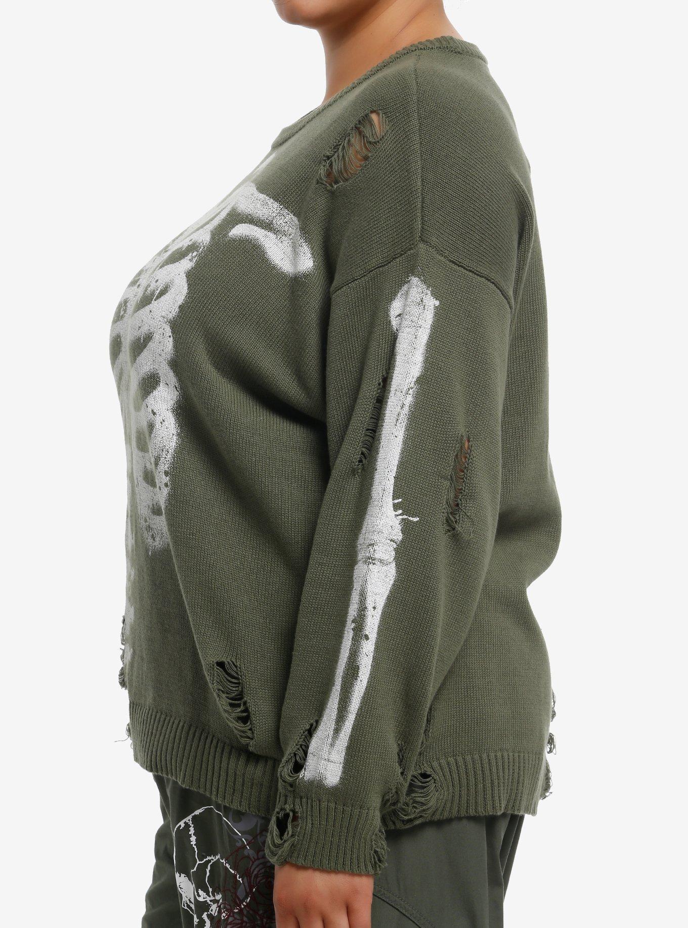 Social Collision Green Rib Cage Destructed Girls Sweater Plus Size, IVORY, alternate