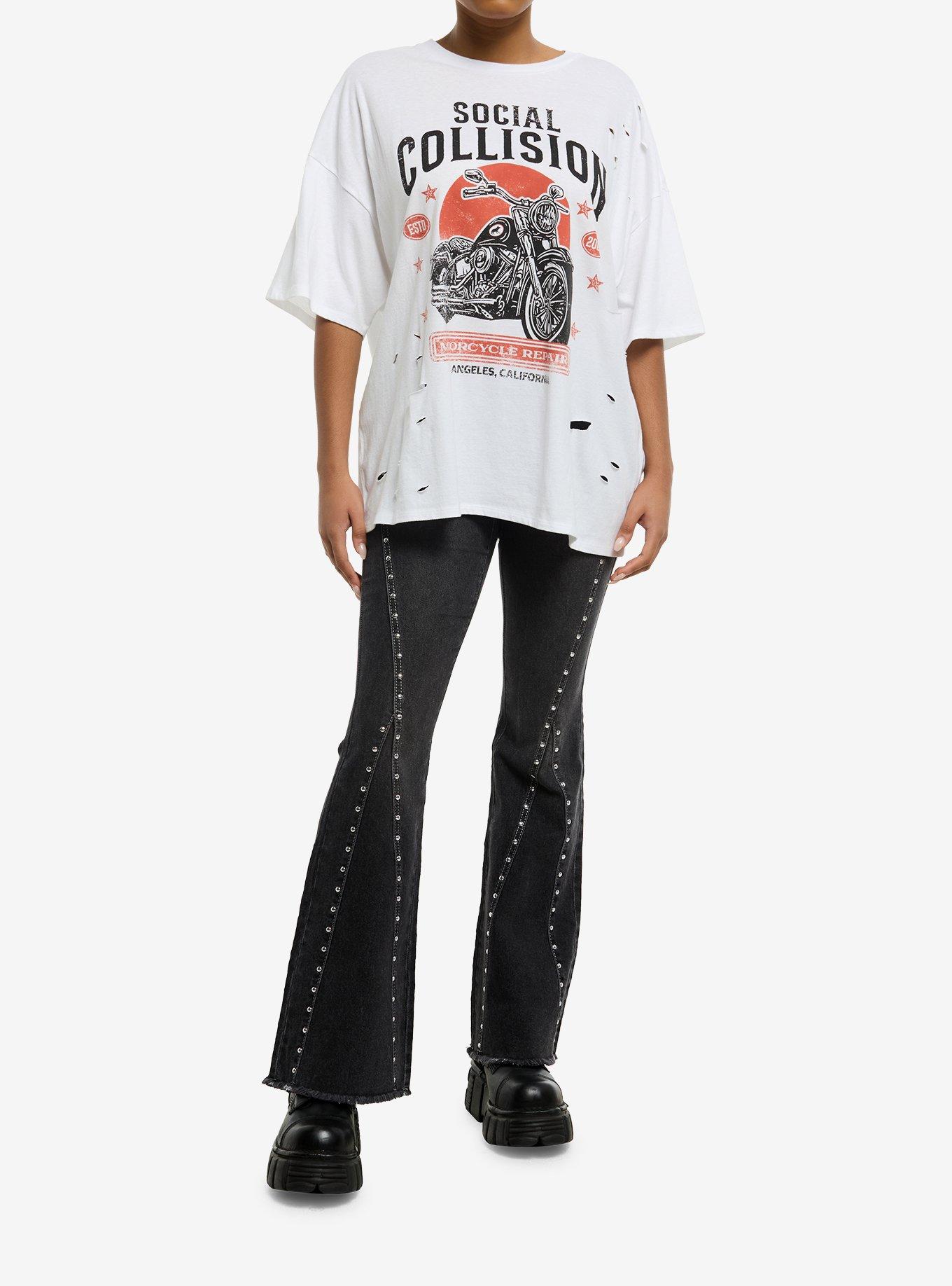Social Collision Motorcycle Distressed Girls Oversized T-Shirt, , hi-res