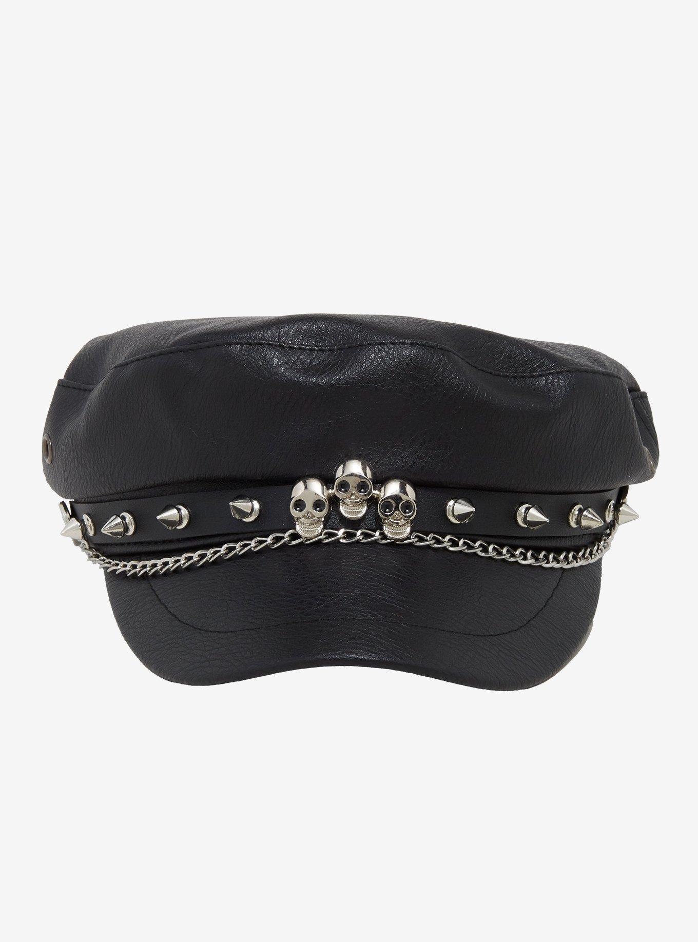 Skull Spike & Chain Faux Leather Cabbie Hat, , hi-res