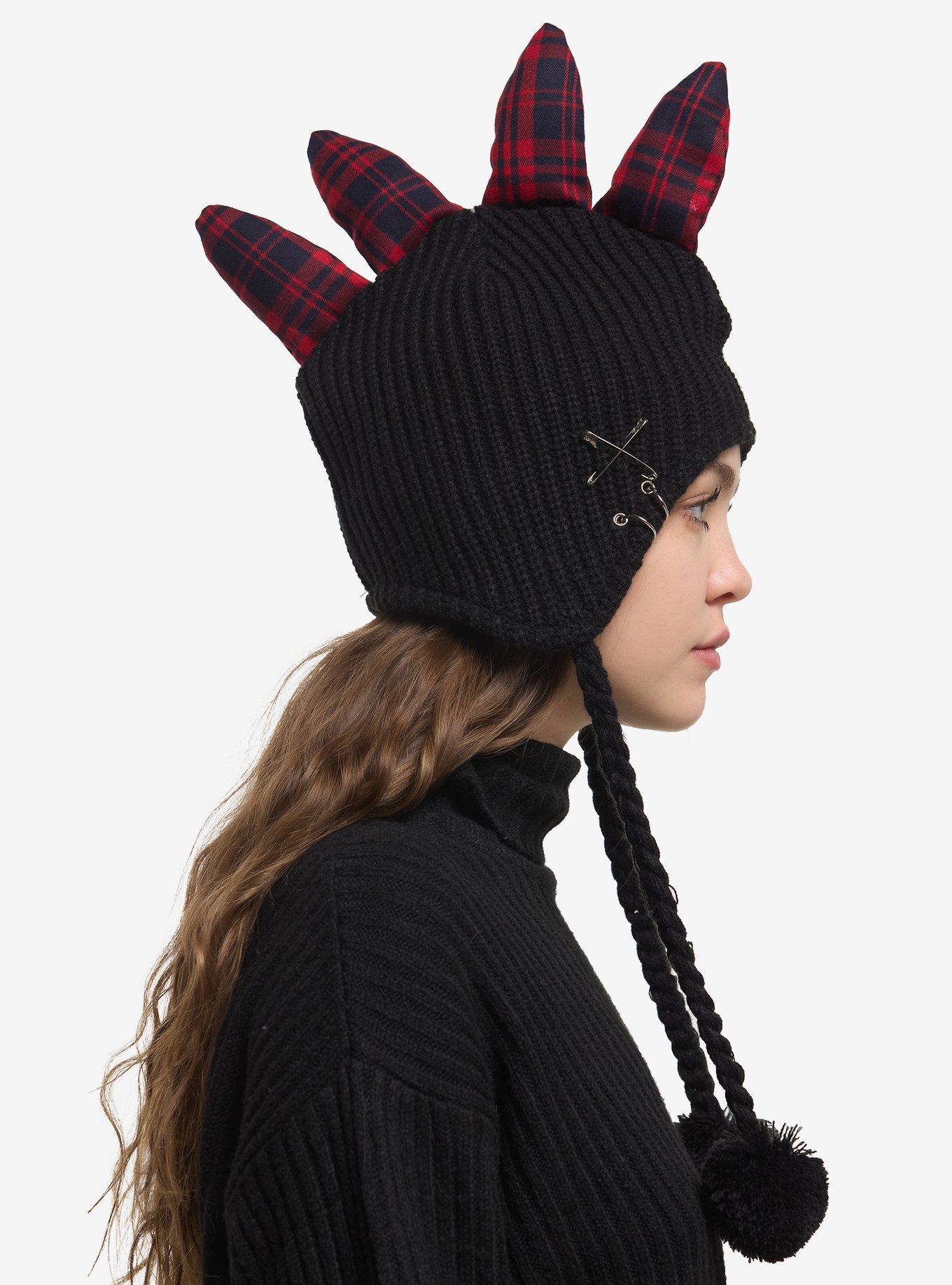 Plaid Plush Spike Tassel Beanie, , hi-res