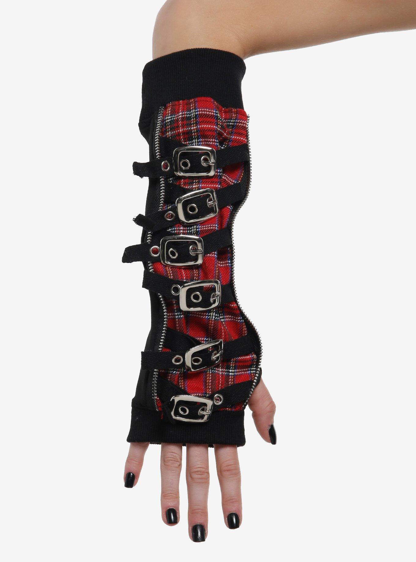 Black & Red Plaid Buckle Zipper Arm Warmers, , hi-res