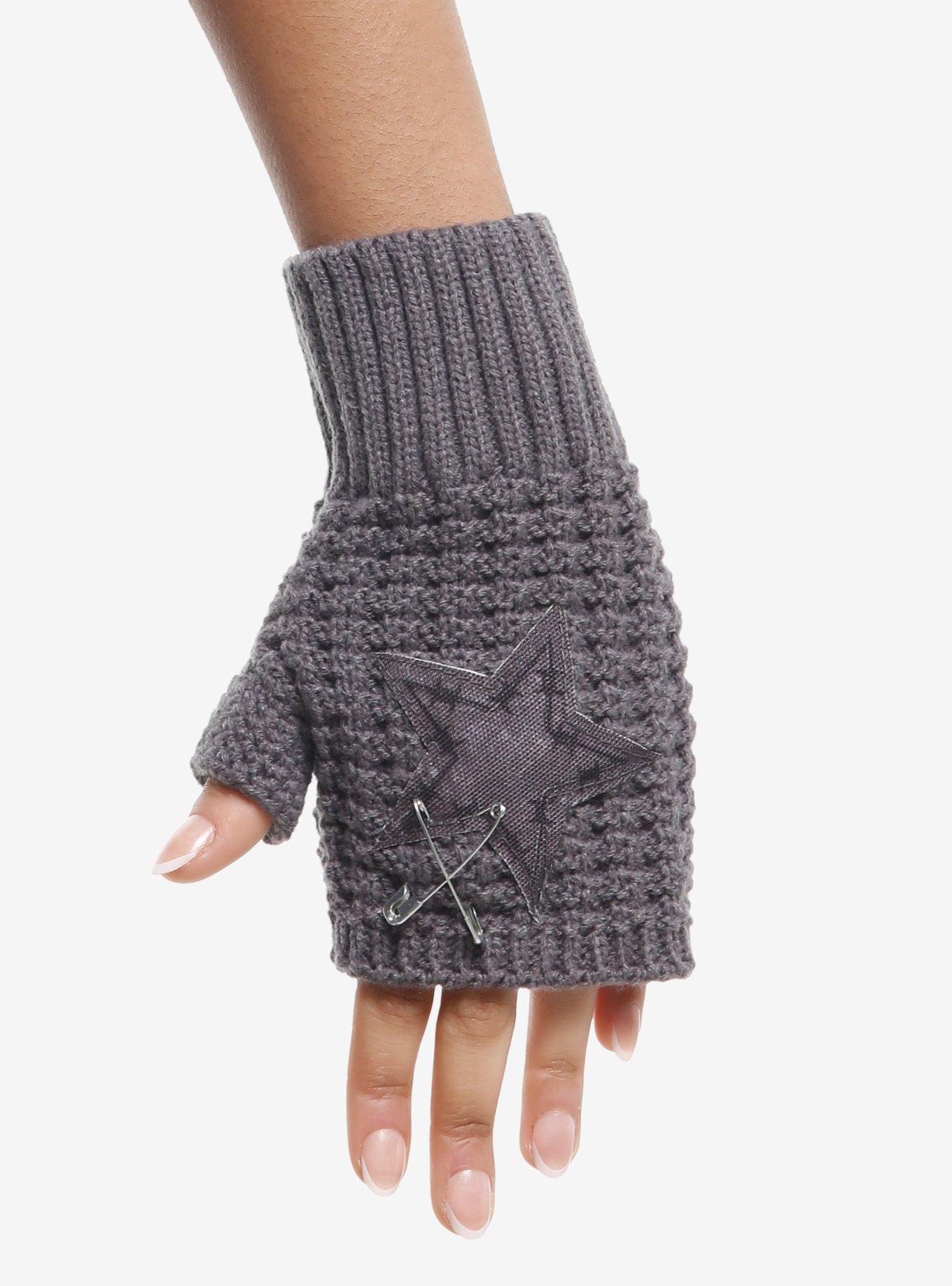 Grey Star Safety Pin Knit Fingerless Gloves, , hi-res