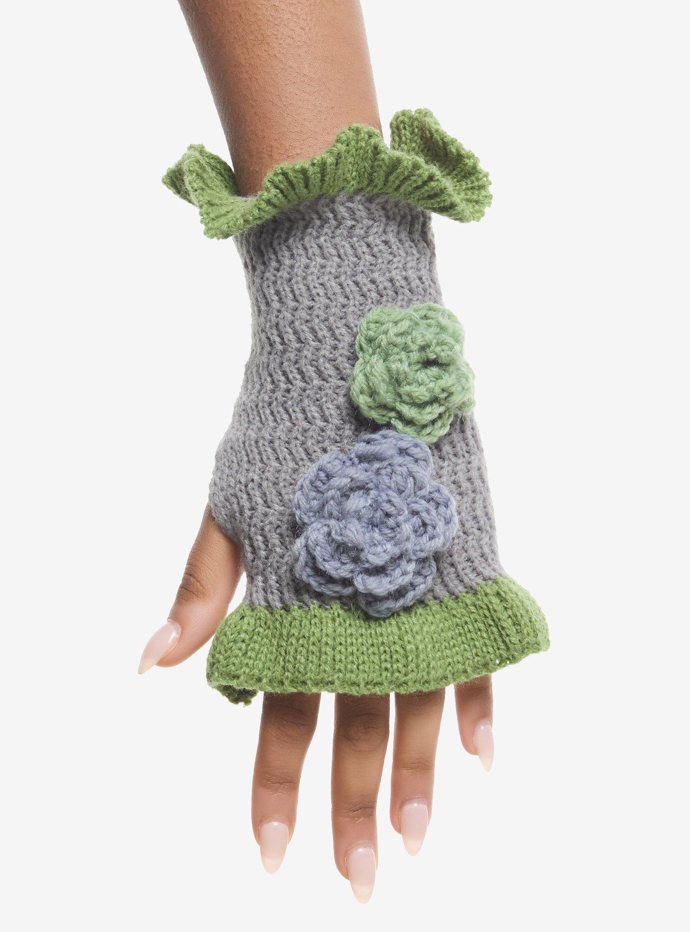 Green & Grey Knit Flower Fingerless Gloves, , hi-res