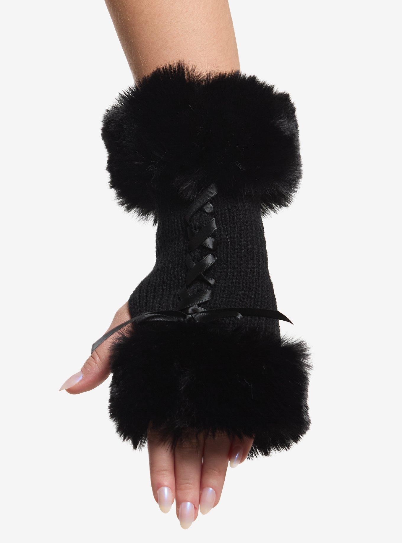 Black Faux Fur Trim Lace-Up Arm Warmers, , hi-res