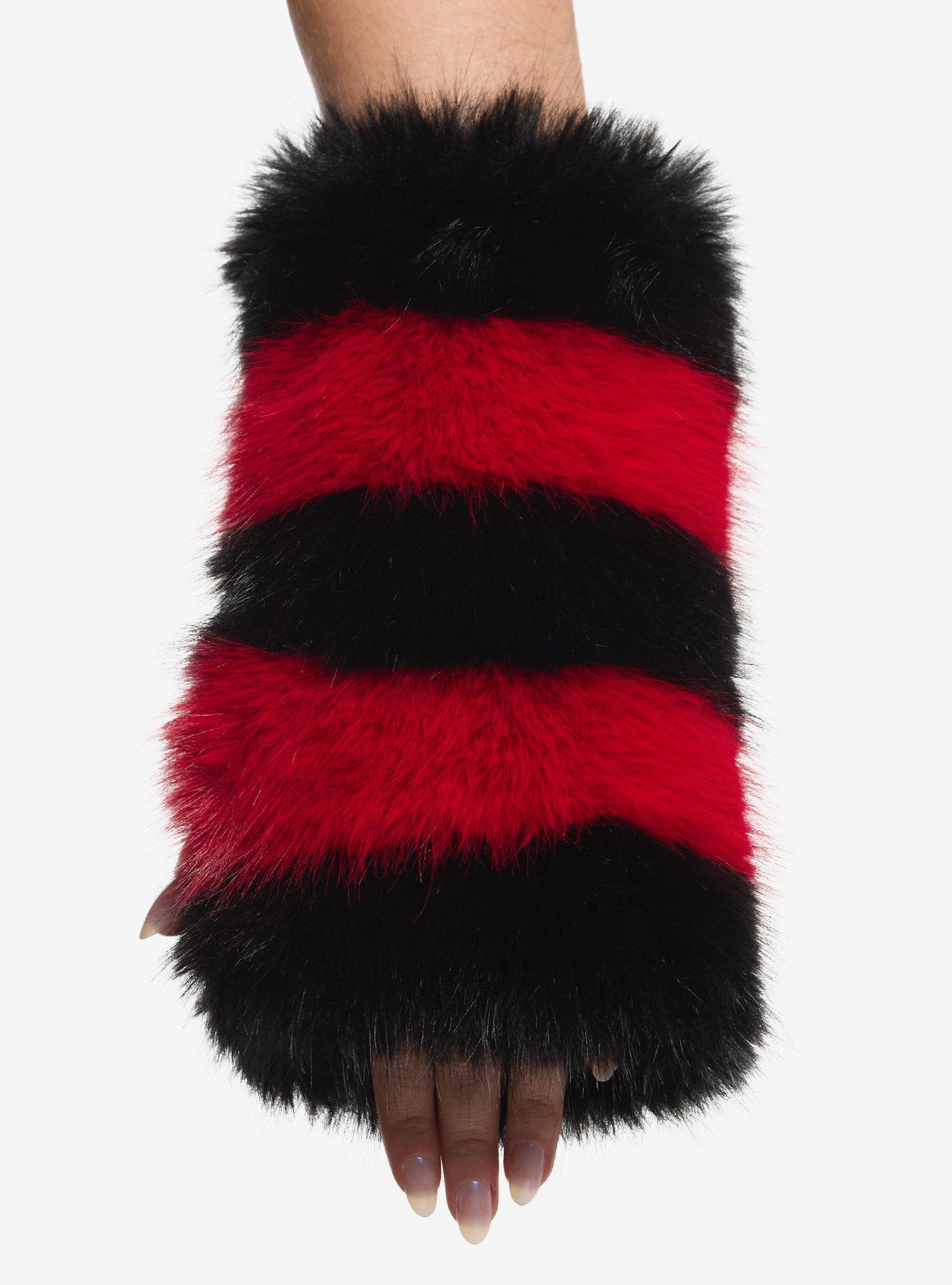 Red & Black Stripe Fuzzy Fingerless Gloves, , hi-res