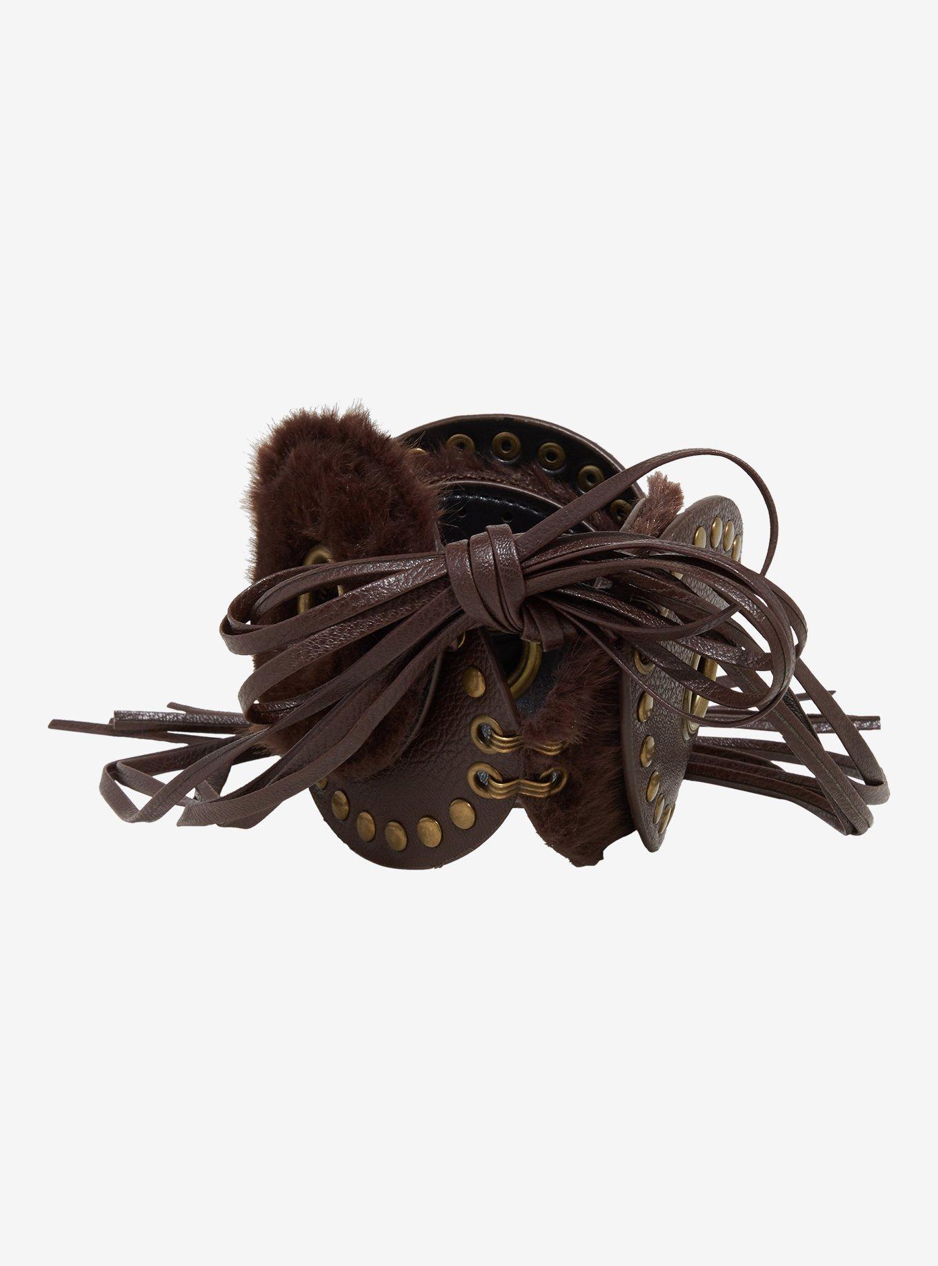 Brown Circle Stud Faux Fur Belt, , hi-res