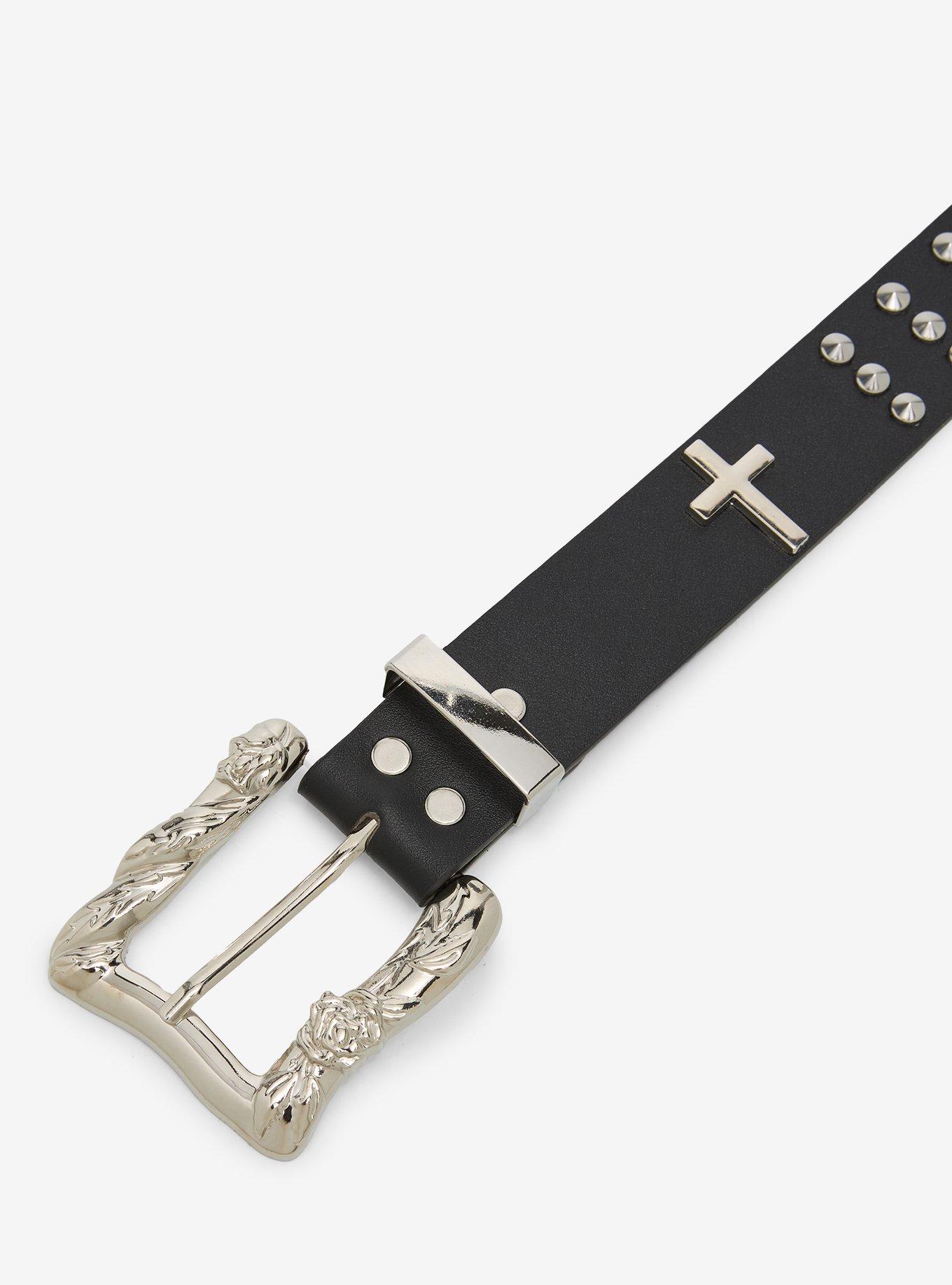 Black & Silver Three Row Cone Stud Belt, , hi-res