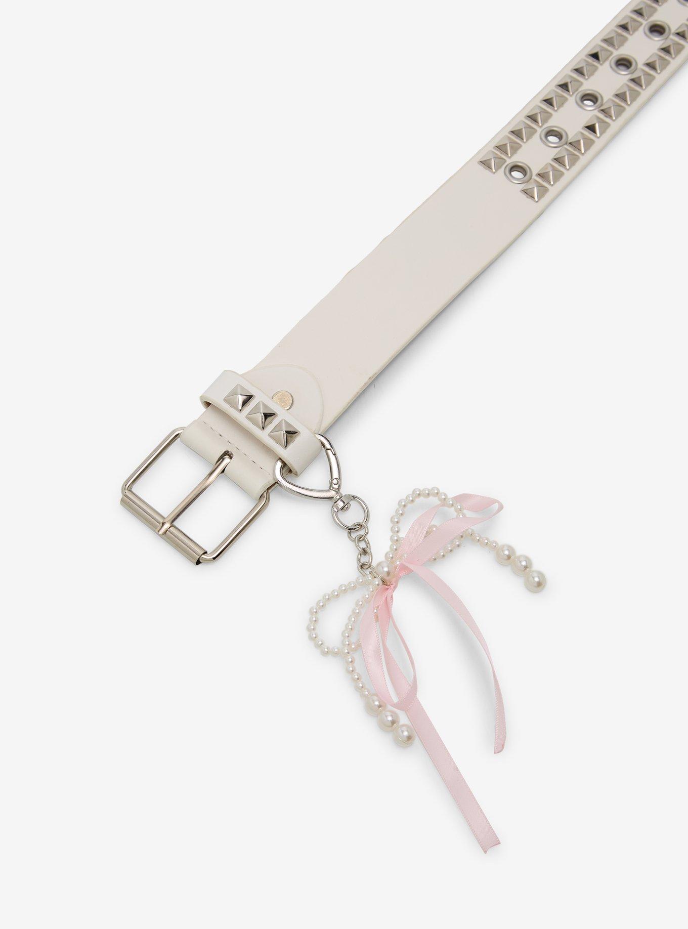 White & Silver Grommet Pyramid Stud Belt, , hi-res