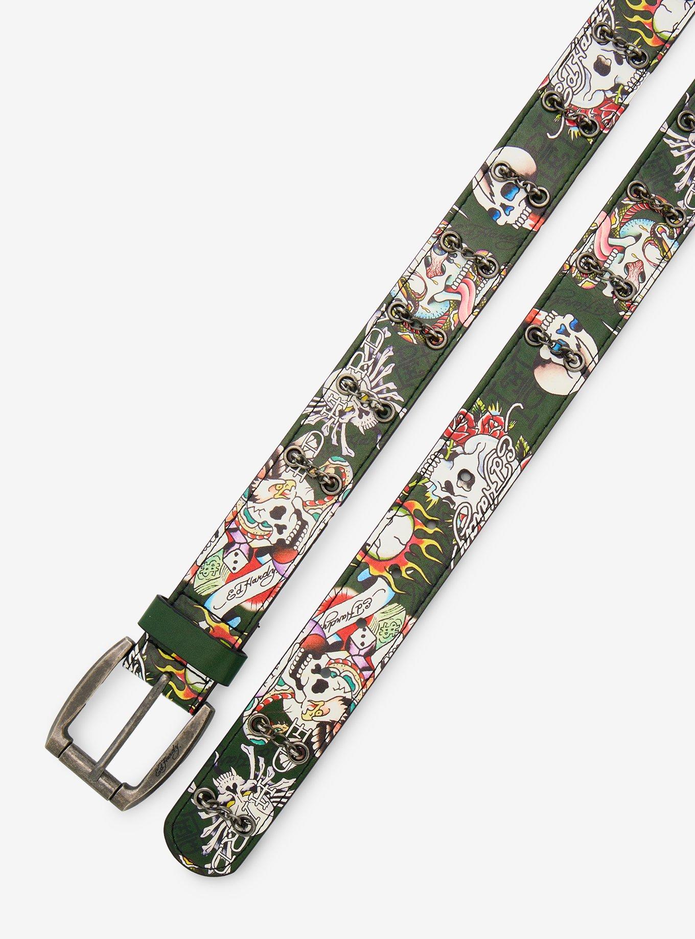 Ed Hardy Tattoo Skull Chain Grommet Belt, , hi-res