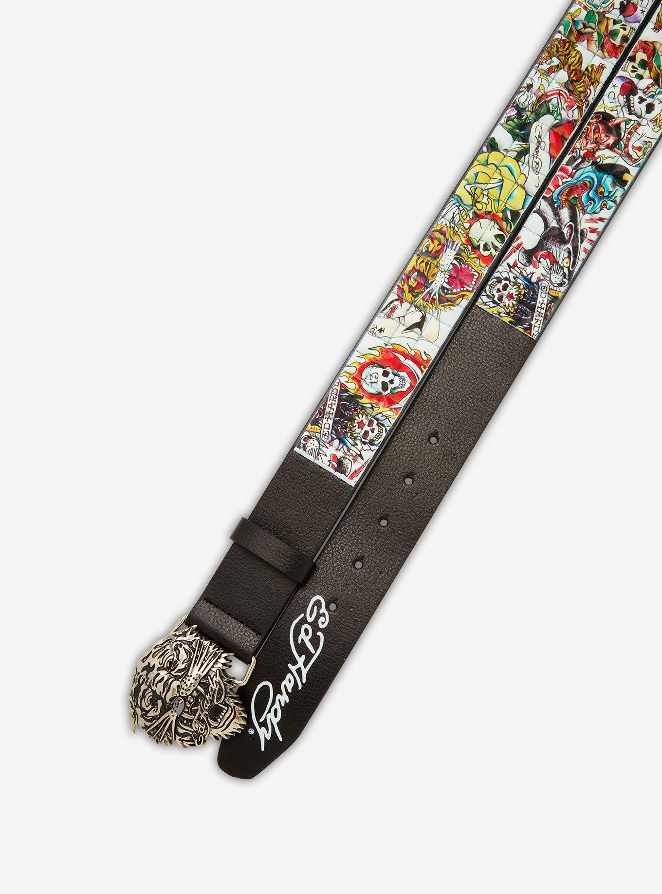 Ed Hardy Tiger Skull Three Row Pyramid Stud Belt, , hi-res